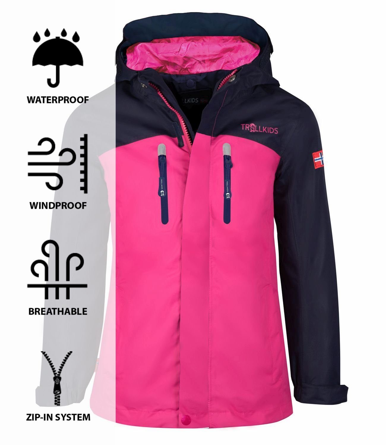 Wasserdicht Marineblau/Magenta TROLLKIDS Regenjacke Nusfjord