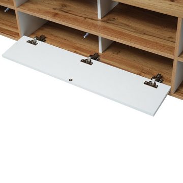 Ulife TV-Schrank Lowboard Fächern und Türen im natürlichen Landhausstil Wohnzimmermöbel in Weiß und Holzfarben