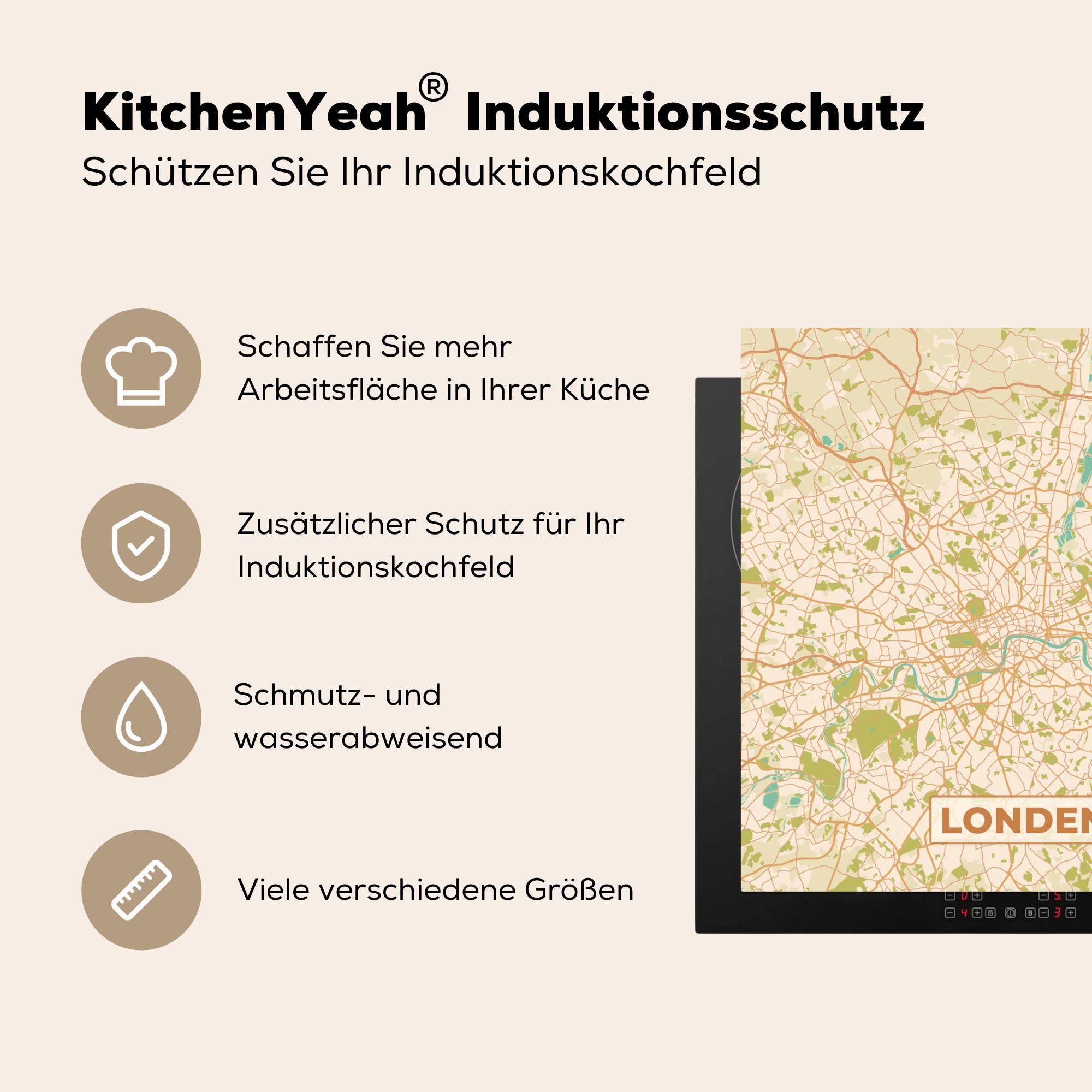 Herdblende-/Abdeckplatte Arbeitsplatte Vinyl, küche für - 78x78 London (1 cm, MuchoWow tlg), Ceranfeldabdeckung, Karte, Vintage - - Stadtplan