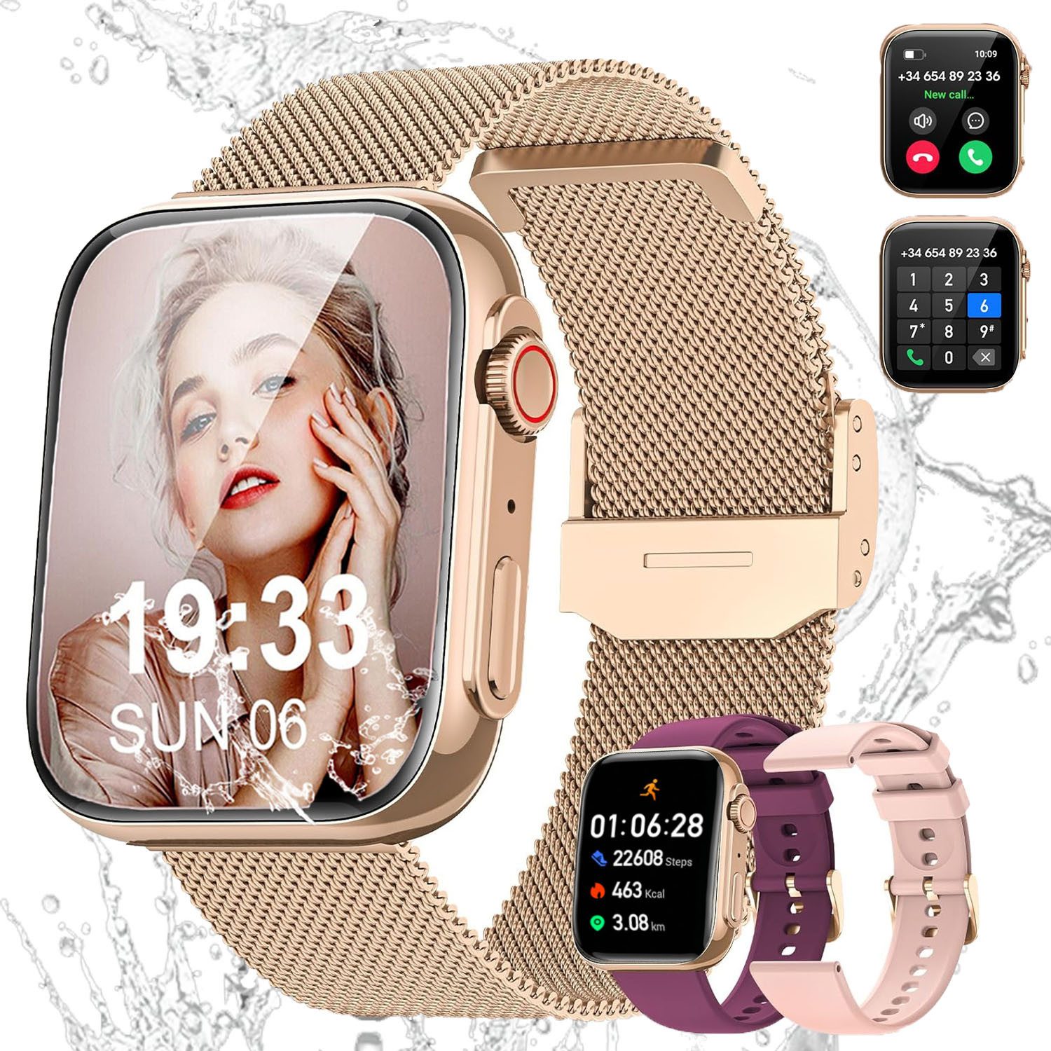 ANYSUN Smartwatch Damen mit Telefonfunktion,Fitness Tracker Smartwatch (4.9 cm/1,91 Zoll, Always-On-Display) 120+ Sportuhr, Schlafüberwachung, Menstruationszyklus, mit zwei Wechselarmband aus Silikon, Fitness Tracker Watch with Blood Pressure/Heart Rate/SpO2 Monitor