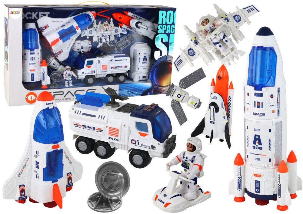 LEAN Toys Spielfigur Set Rakete Raumschiffe Raumfahrzeuge Weltraumrakete Kosmonauten Anzüge