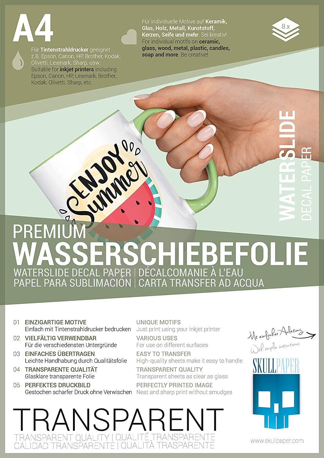 Skullpaper Dekorationsfolie Premium Wasserschiebefolie Transferfolie A4 Tintenstrahl, (Wasserschiebefolie, 8St.}, 8 A4 Bögen)