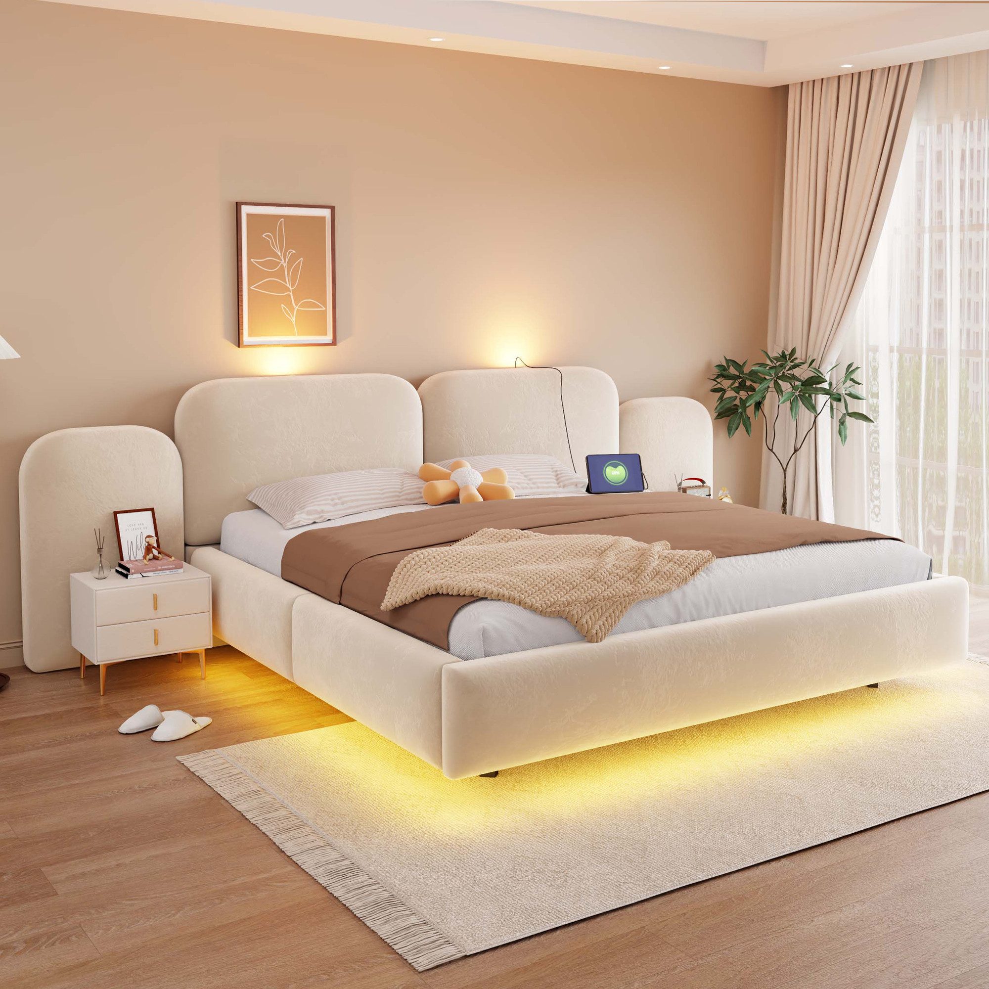 i@home Stauraumbett Polsterbett, doppelbett 180*200cm,Mit hydraulischem Stauraum, Beige (1-tlg), LED-Beleuchtung mit Ladeanschluss, Bequemem Kopfteil, Samtstoff