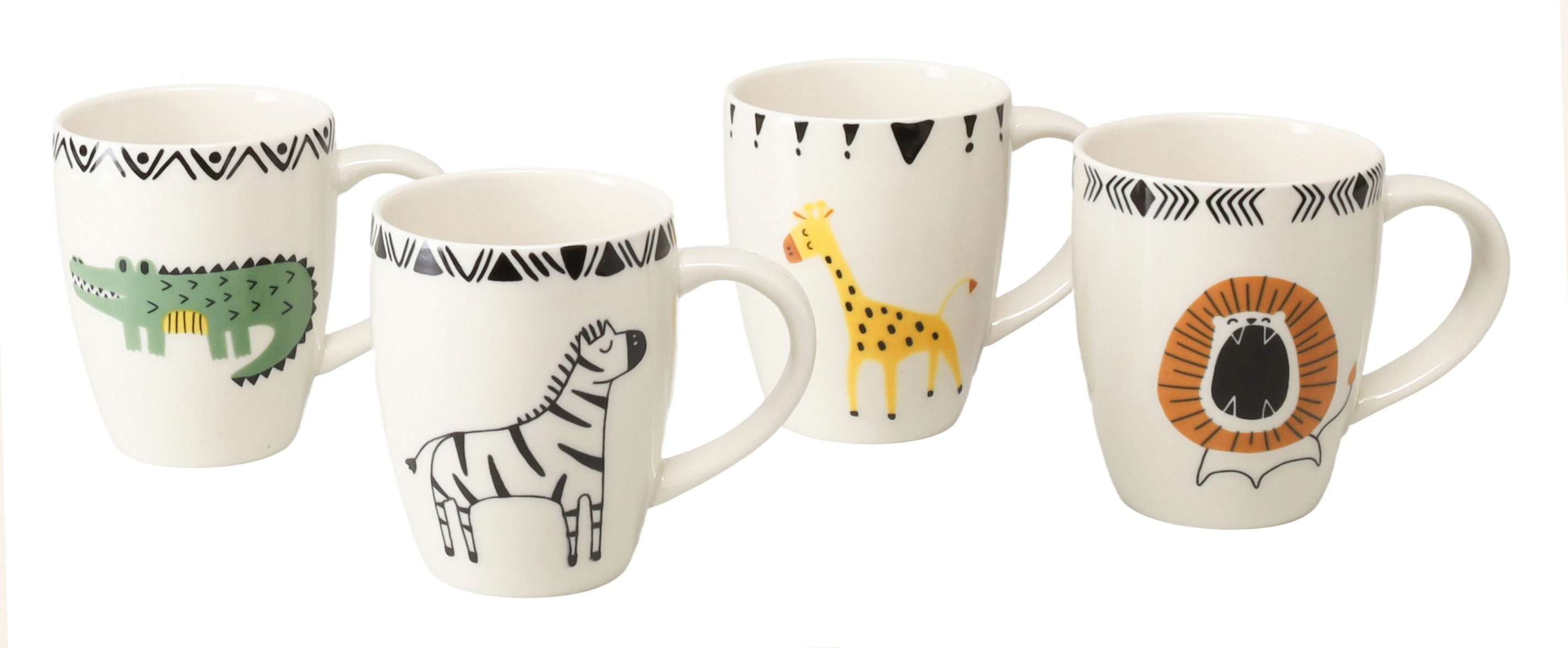 CreaTable Becher Safari, Becher-Set 4-tlg., 4-tlg., Steinzeug, Tiermotive, skandinavischer Stil, Ethno-Style Motive