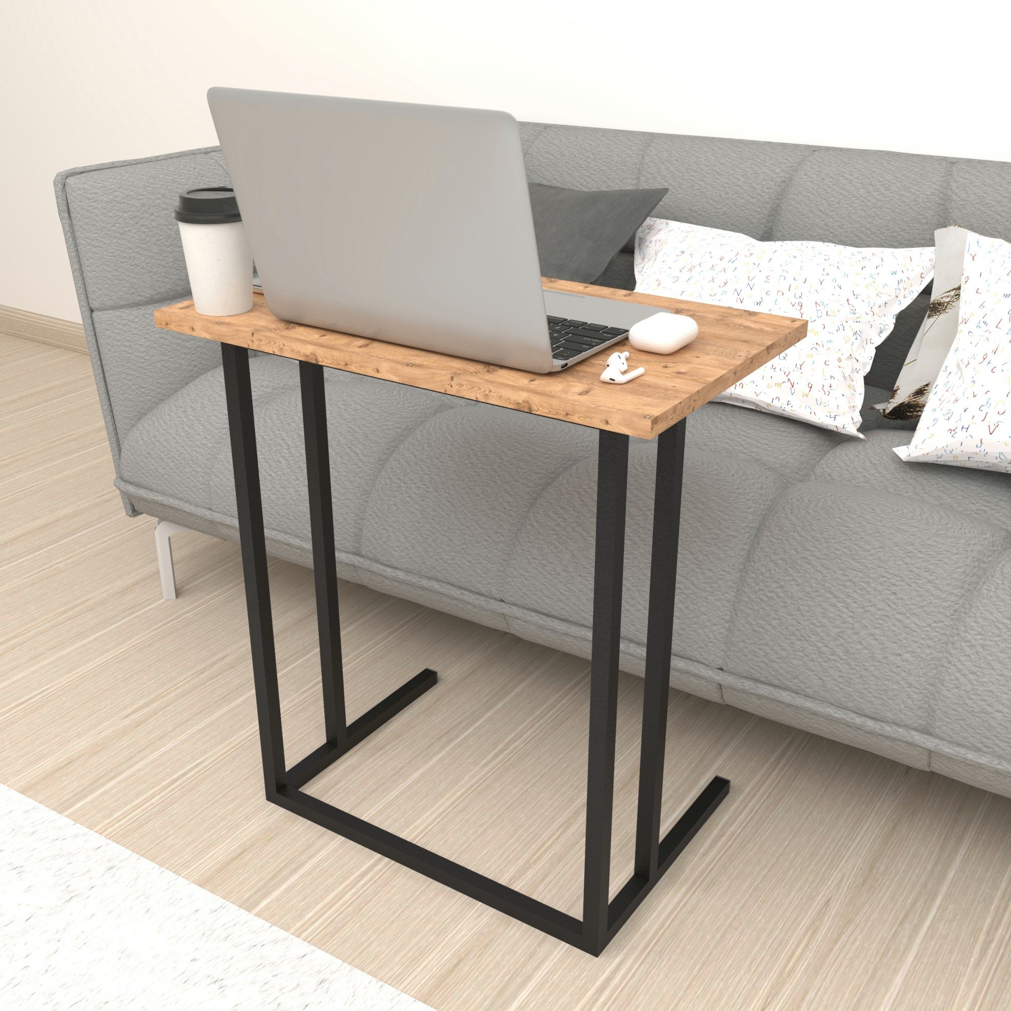 en.casa Laptoptisch, »Högsby« Beistelltisch C-Form 65,5x60x35,5 cm aus Metall Eiche