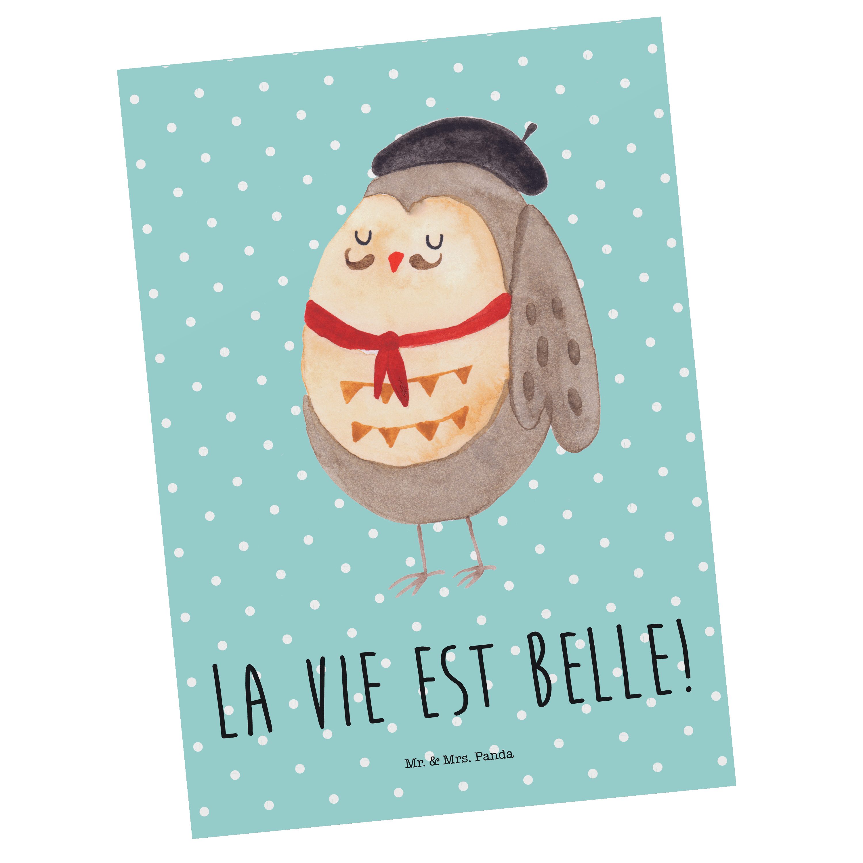 Mr. & Mrs. Panda Postkarte Eule Französisch - Türkis Pastell - Geschenk, Geschenkkarte, Geburtst