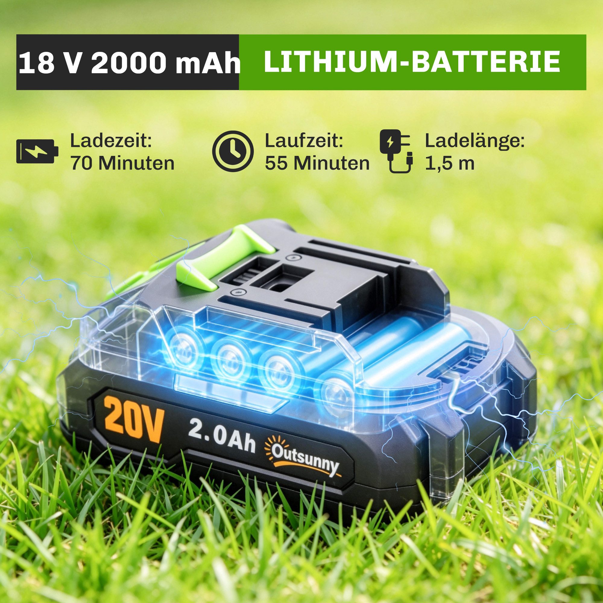 Outsunny Elektro-Heckenschere 2-in-1 Akku Heckenschere mit 20/10cm Schnittlänge, 18V 2,0Ah, (Hecken & Strauchschere, 4 St., Heckenschneider), für Äste, Sträuche – Bild 5 von 5