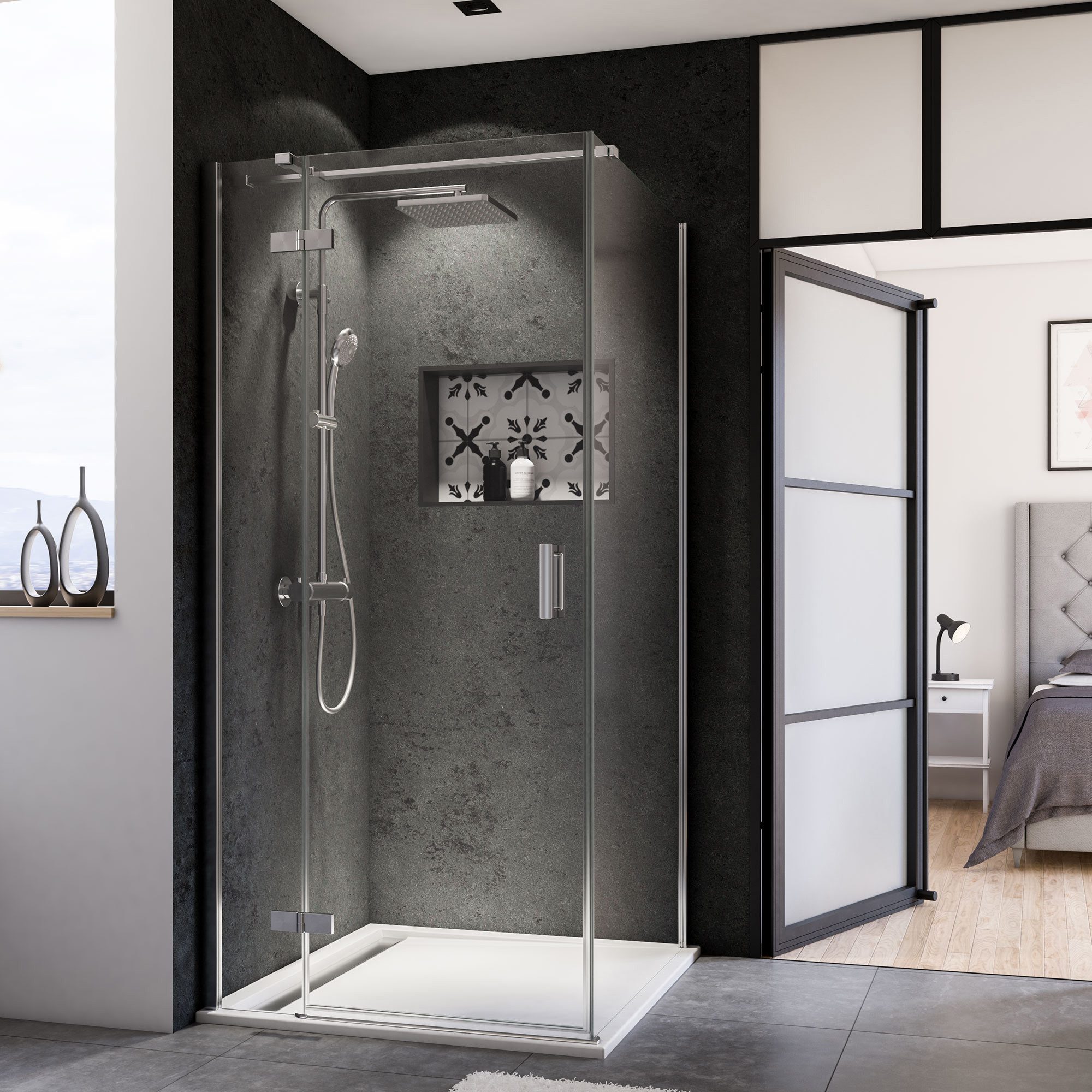 BREUER Duschwand Panorama Seitenwand für Drehtür + Festteil alu chromeffekt Klarglas