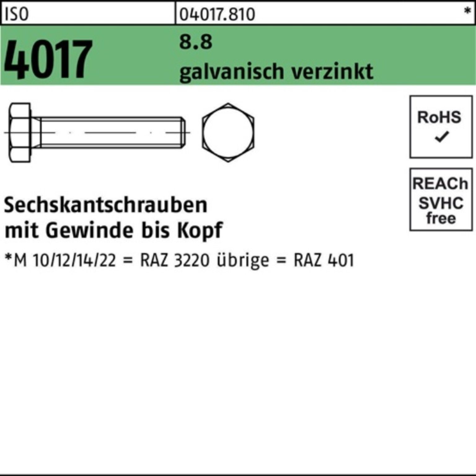 VG Bufab 100er 50 220 Pack 4017 Sechskantschraube ISO M10x 8.8 Sechskantschraube St galv.verz.