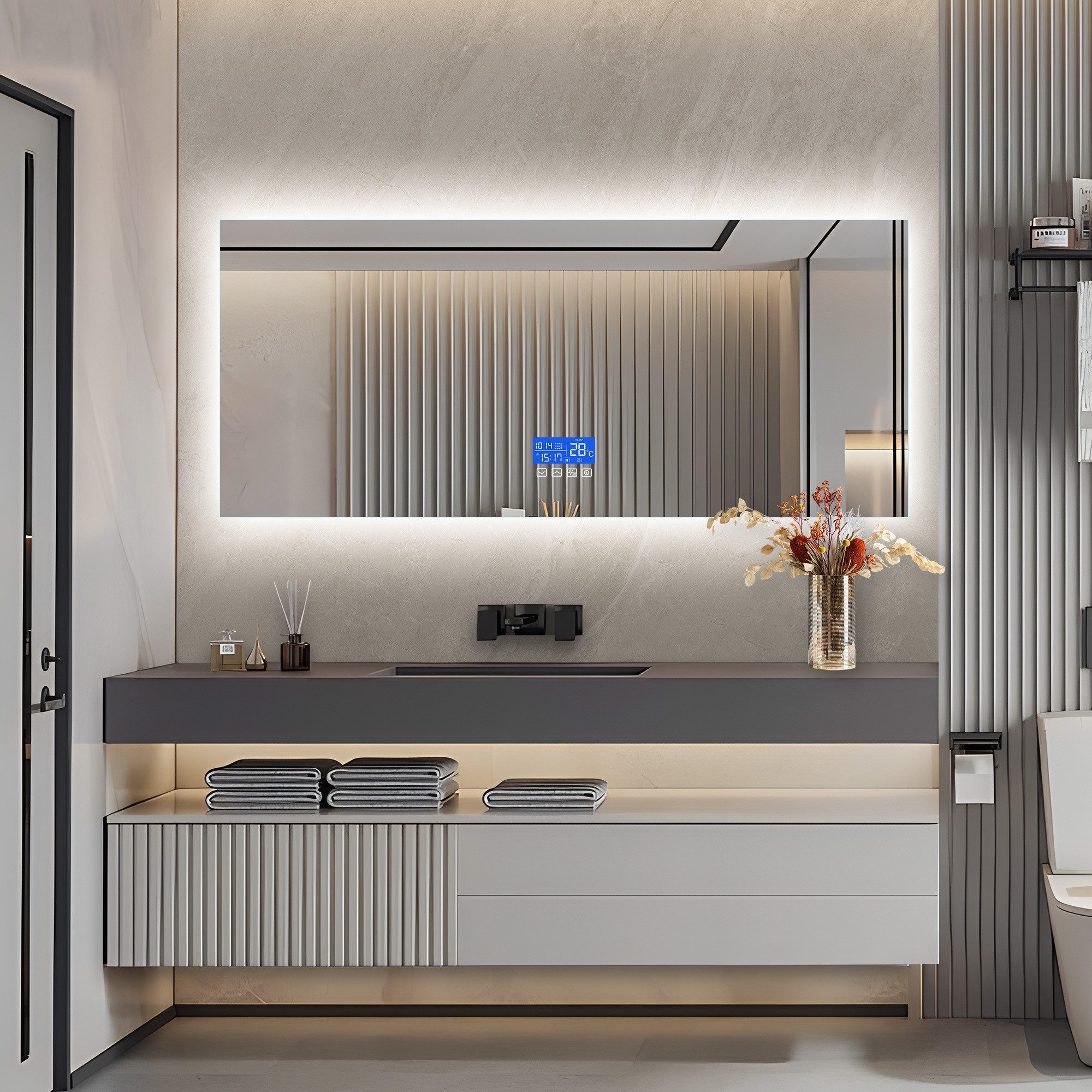 PXloue Badezimmerspiegelschrank Spiegel mit LED-Beleuchtung und multifunktionaler Anzeige Zeigt Datum, Uhrzeit, Temperatur und bietet Abtaufunktion.