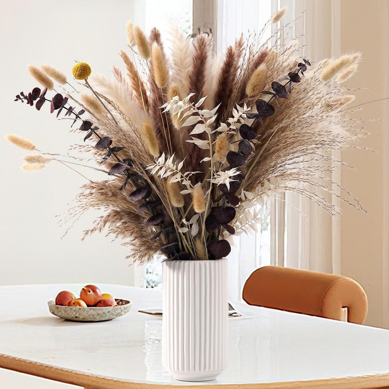 Trockenblume Pampasgras Deko Set Braun Weiß 89tlg, LuxusKollektion