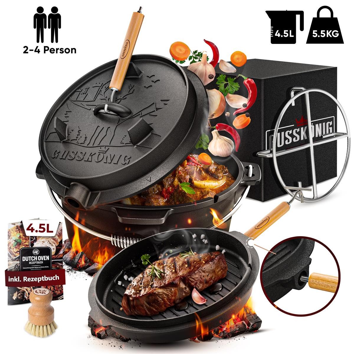 GUSSKÖNIG Schmortopf GUSSKÖNIG Dutch Oven Set 4,5 Liter 2in1 Deckelheber Bürste Rezeptbuch