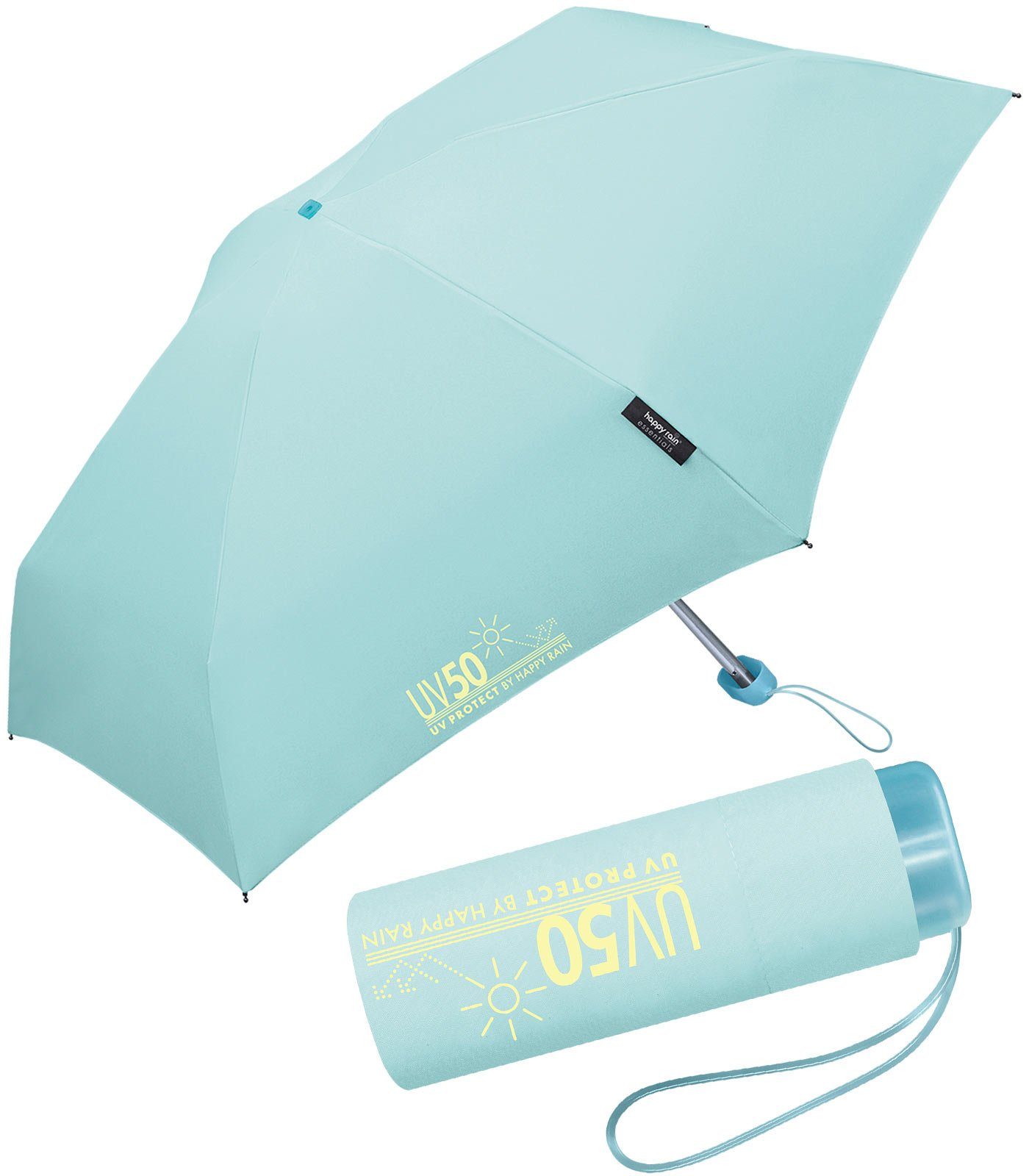 HAPPY RAIN Taschenregenschirm UV-Protect UV50 Ultra Mini Flat mit Sonnenschutz, winzig klein für unterwegs - schützt vor Sonne und Regen blau