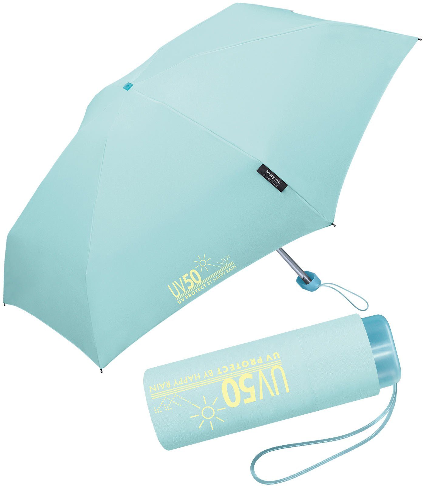 Taschenregenschirm Ultra unterwegs vor - Flat RAIN Mini schützt und Regen mit Sonne UV-Protect UV50 klein blau für winzig HAPPY Sonnenschutz,