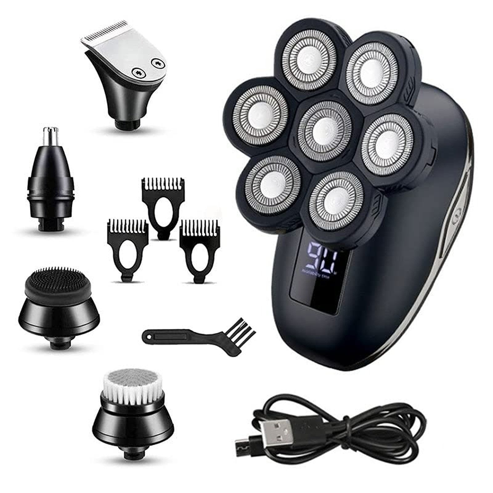 Vivitar Elektrorasierer 6-in-1 Wasserdichter Rasierer für glatte Köpfe, Nass/Trocken, Elektrorasierer - Herren Pflegeset mit LED-Display, Wiederaufladbar, Aufsätze: 6, - 7D Rasierapparat, Haartrimmer, Nasenhaartrimmer, Gesichtsreinigungsbürste, Gesichtsmassage, Haarschneider und Haartrimmerkämme (3/5/7mm)., Ganz Kopf- und Gesichtspflege für Männer mit Präzision+Komfort, 7D Kopfrasierer für Männer, Weihnachtsgeschenk für glatzköpfige Männer