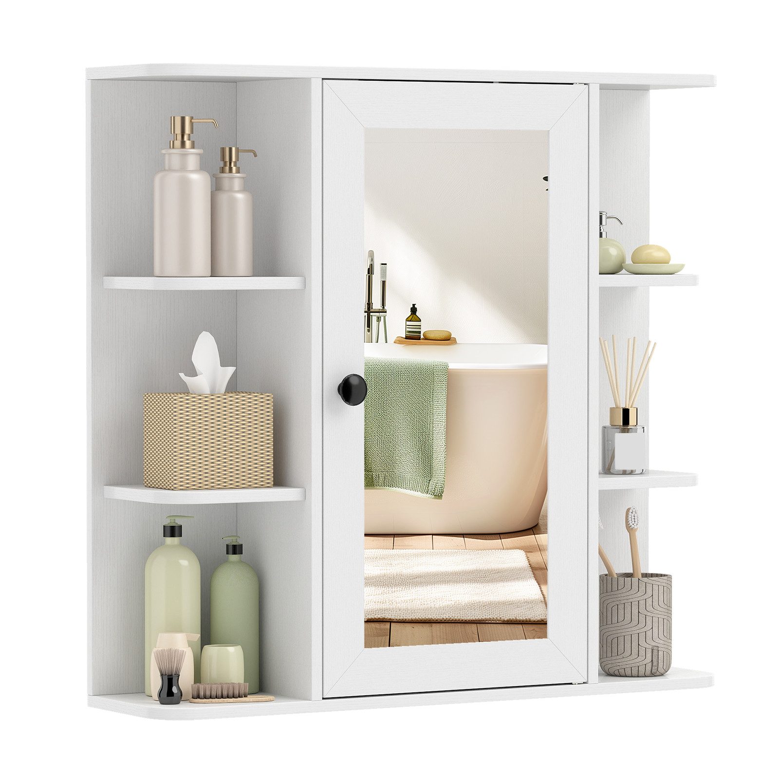 COSTWAY Spiegelschrank Badschrank mit 3 Innenablagen & 6 offenen Fächern