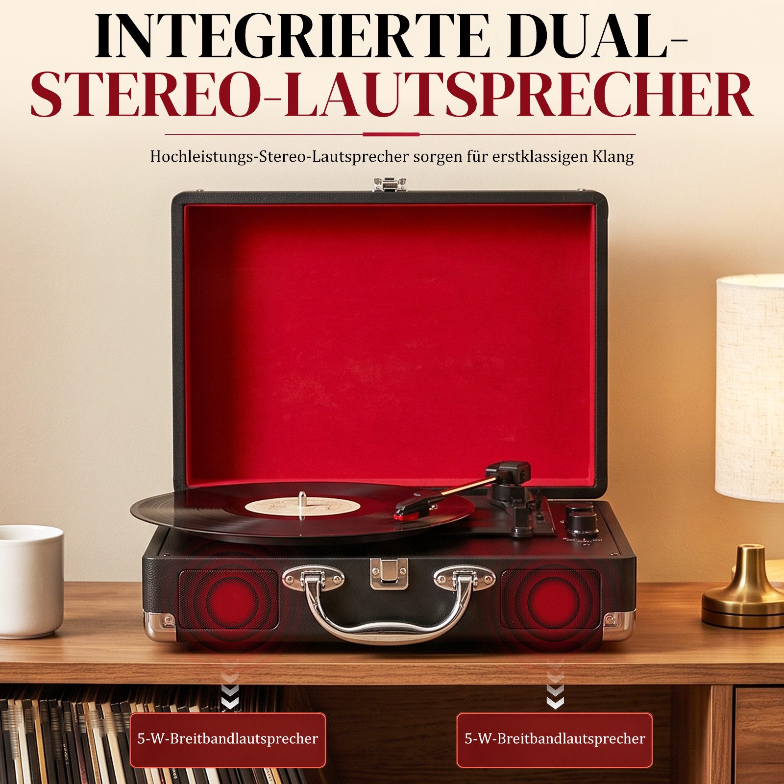 LALAHO Koffer‑Plattenspieler Retro, integrierte Stereo‑Lautsprecher Plattenspieler (mit Bluetooth, 3 Geschwindigkeiten, integrierte Lautsprecher) – Bild 4 von 5
