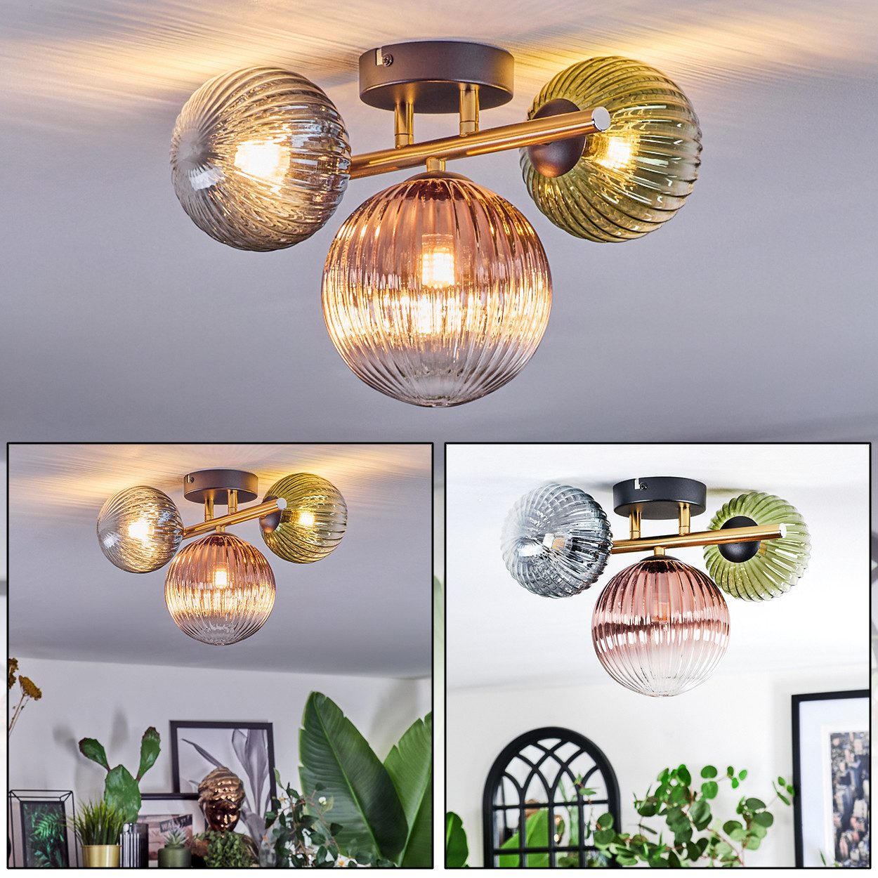 hofstein Deckenleuchte Deckenlampe aus Metall/Riffelglas, Schwarz/Gold/Grün/Blau/Kupfer/Klar, ohne Leuchtmittel, Deckenleuchte im modernen Vintage-Design (Schirme Ø 12; 15 cm), 3 x G9