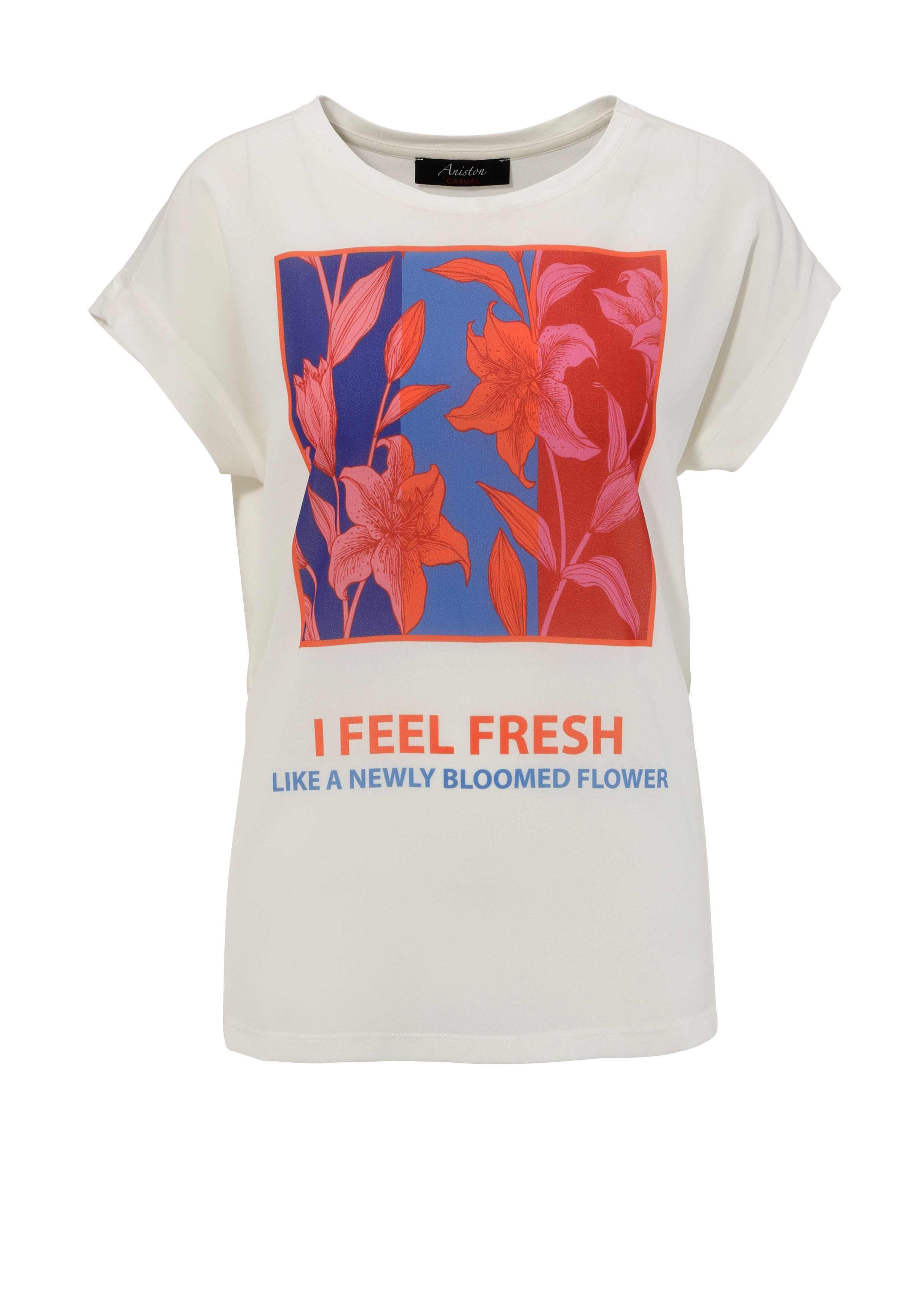 Aniston CASUAL Shirtbluse mit kunstvollen Blumendruck und Statement-Schriftzug