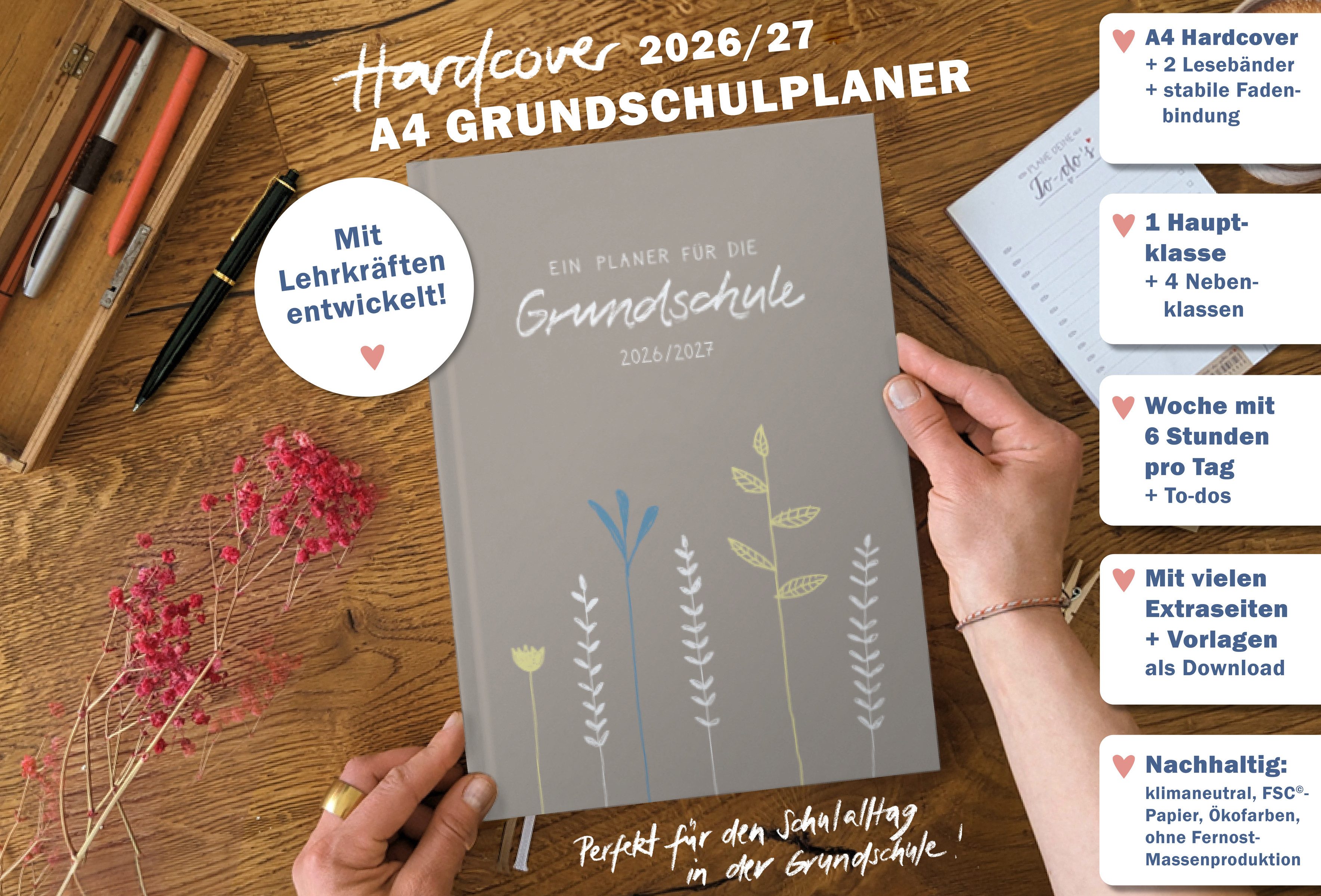 Eine der Guten Verlag Lehrerkalender Grundschulplaner 2026 2027 - A4, greige, 1 Doppelseite / Woche, Schuljahr 26/27, 216 S. Hardcover, klimaneutral