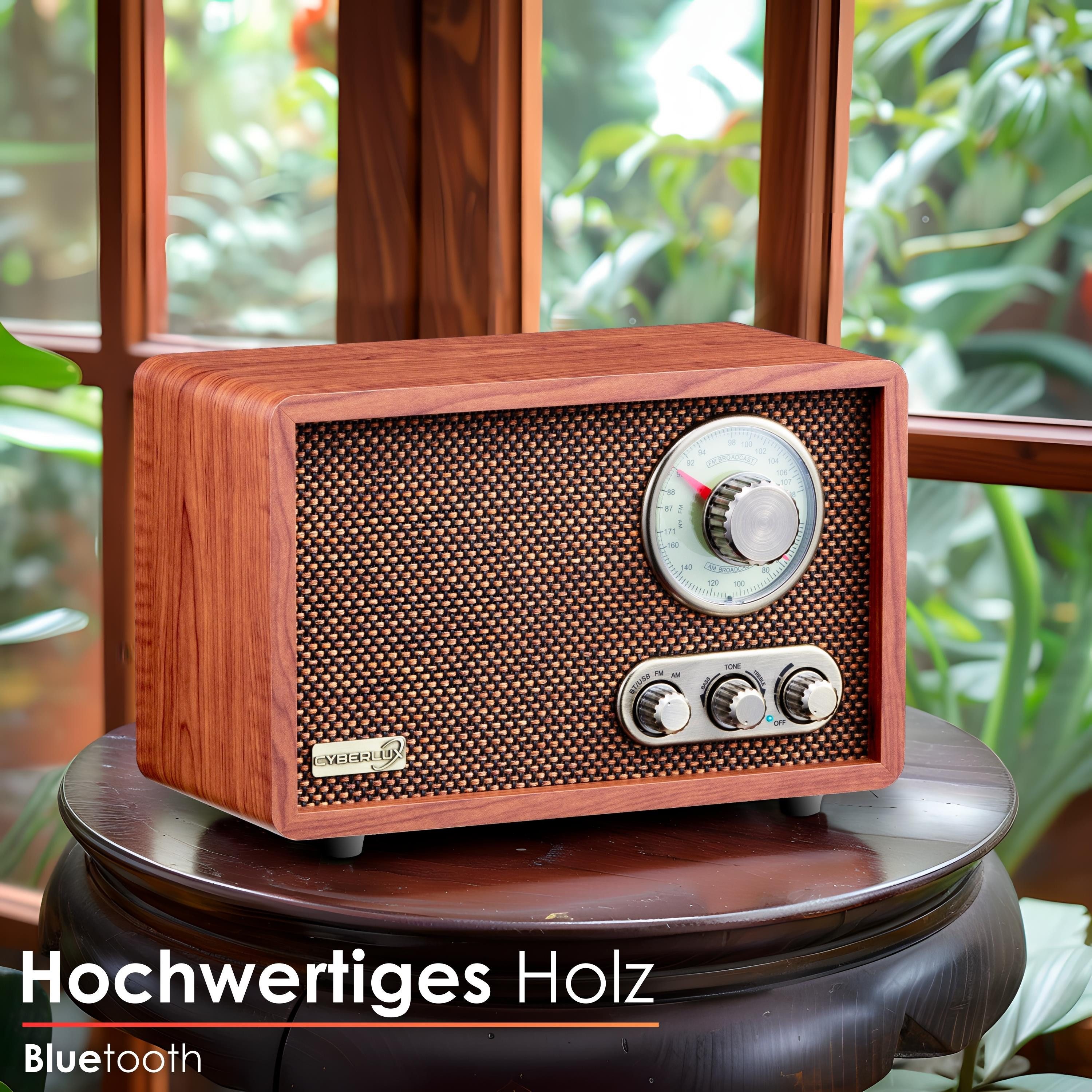 Cyberlux CL-3080 Küchen-Radio (FM-Tuner, 10 W, Retro-Radio, Bluetooth, USB-Eingang, Hochwertiges Holz im Retro Design)