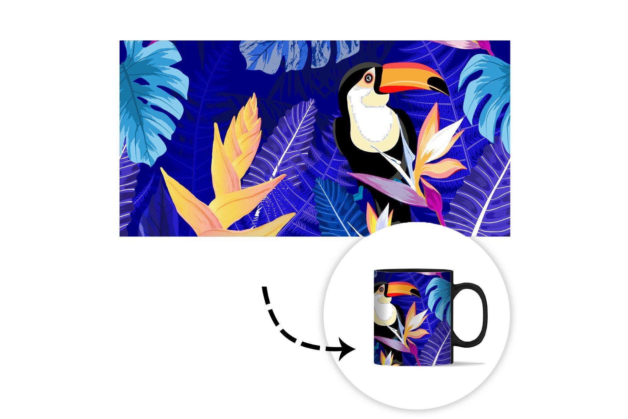- - - Teetasse, Tasse MuchoWow Kinder Dschungel Blumen Kaffeetassen, Geschenk Tiere, - Keramik, Farbwechsel, Zaubertasse, - Pflanzen Lila - Tukan