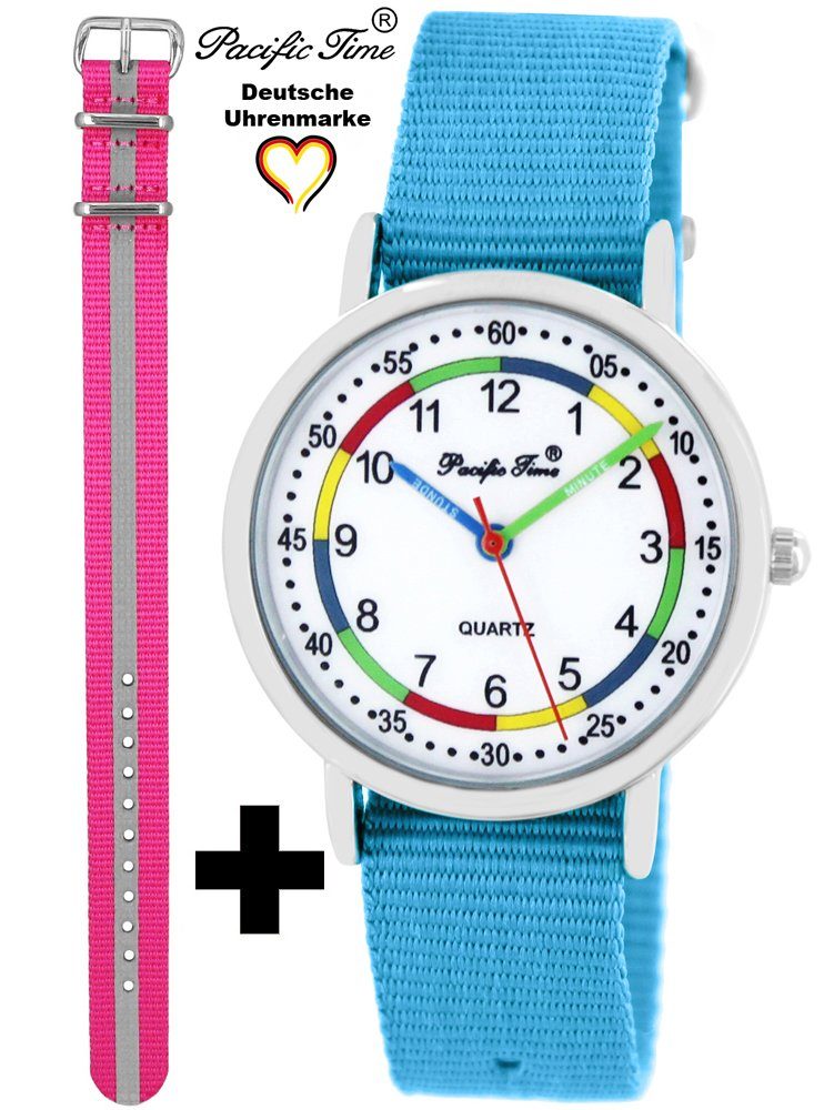 Pacific Time Quarzuhr Match Design hellblau First Armbanduhr und Mix - Gratis Wechselarmband, Kinder und Versand Lernuhr Reflektor pink Set