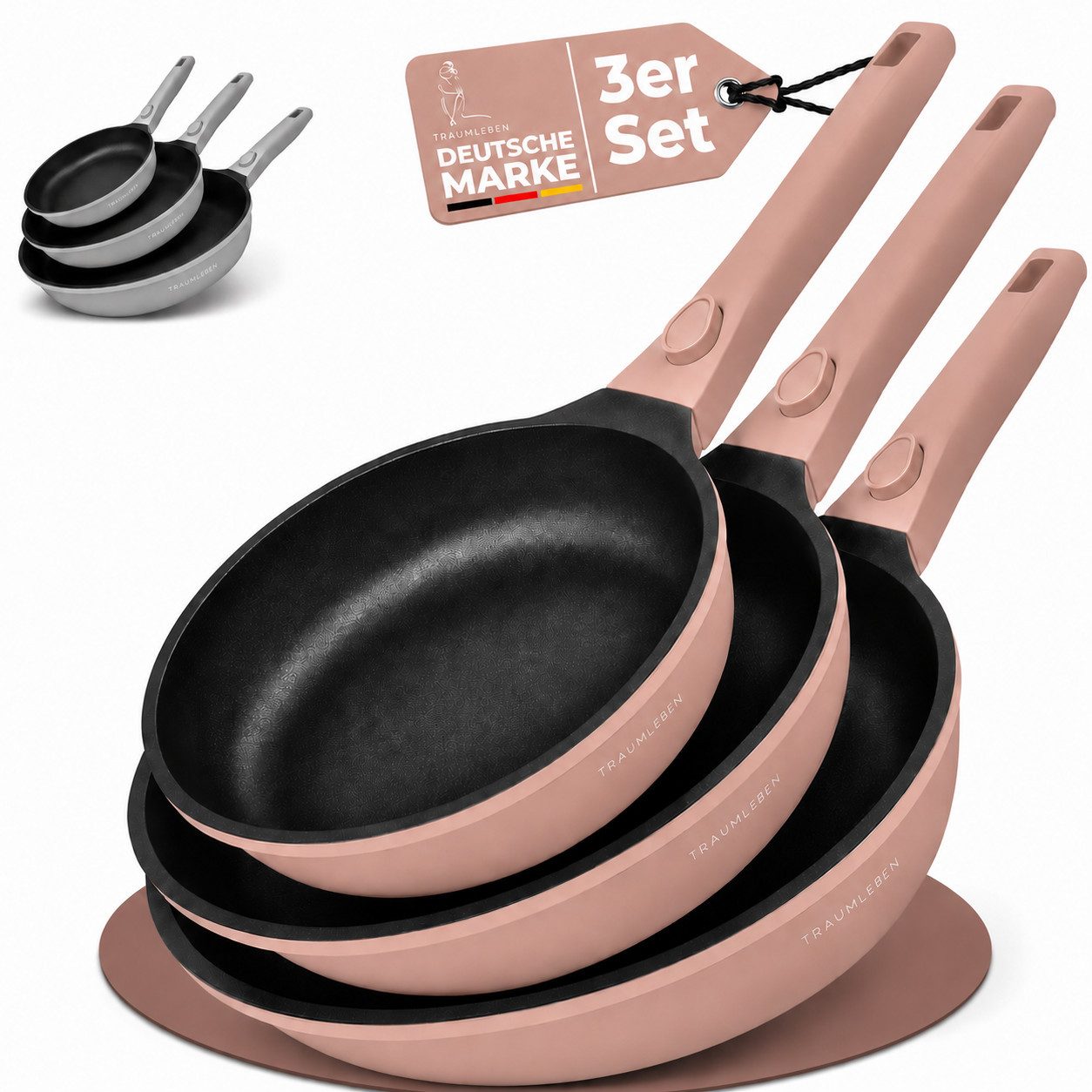 TRAUMLEBEN Pfannen-Set Pfanne 24/28 cm Bratpfanne Antihaftbeschichtung abnehmbare Griffe, Aluminium (3-tlg), Beschichtete Pfannen, Pfannenset