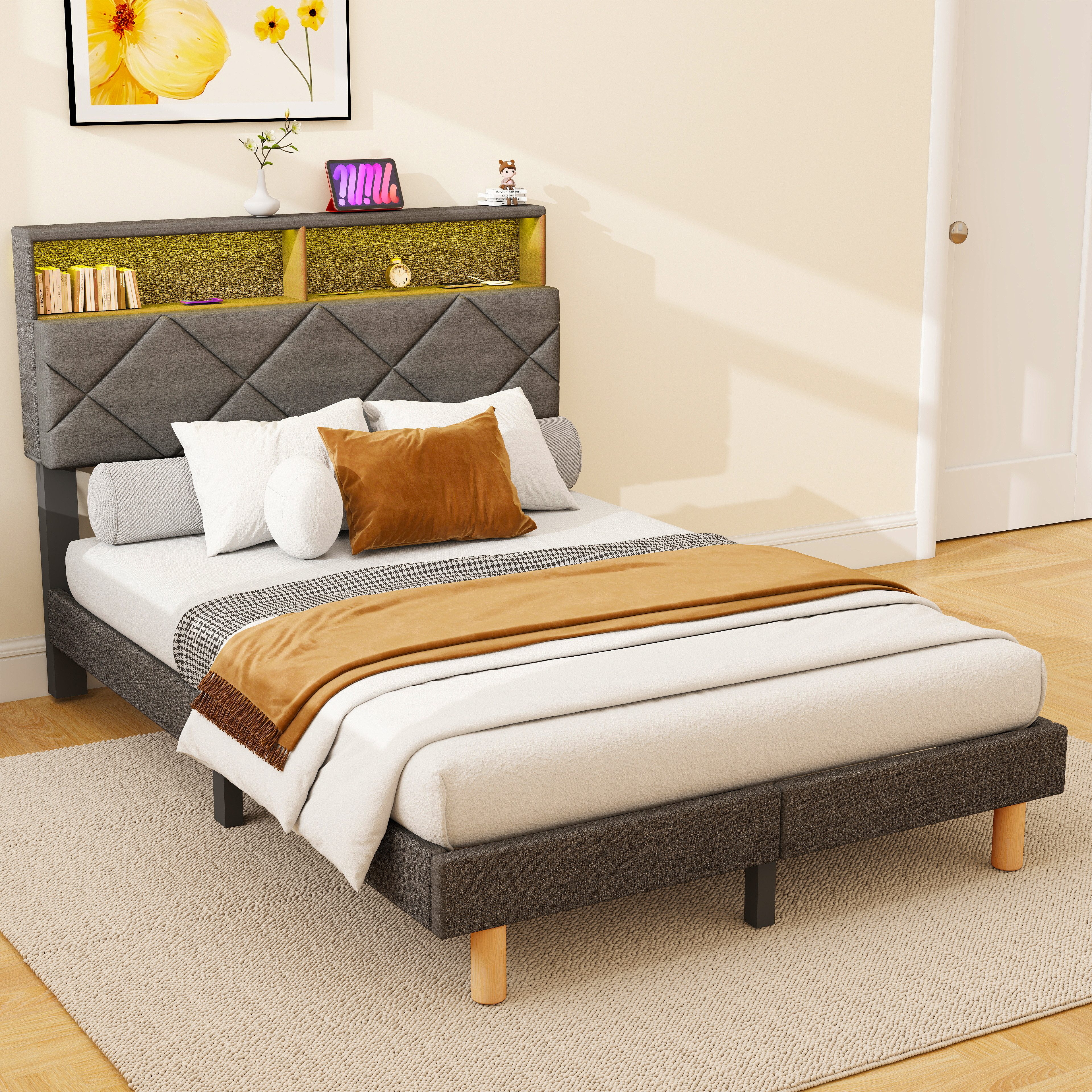 oyajia Polsterbett Stauraumbett Doppelbett LED, Leinenstoff, geräuscharm, mit Lattenrost,hochtragfähig, robust