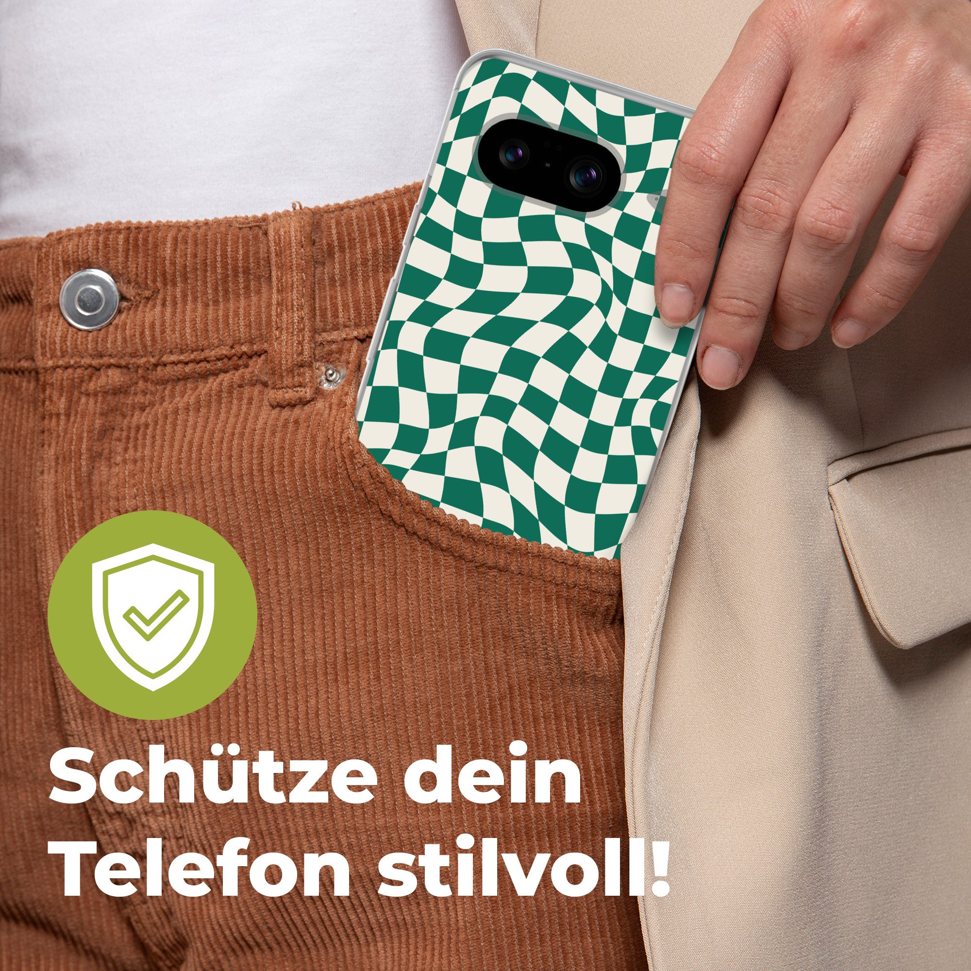 MuchoWow Handyhülle für Google Pixel 8 Gewellte Boxen - Grün - Weiß - Abstrakt, Handy Case, Silikon, Bumper Case Dünn