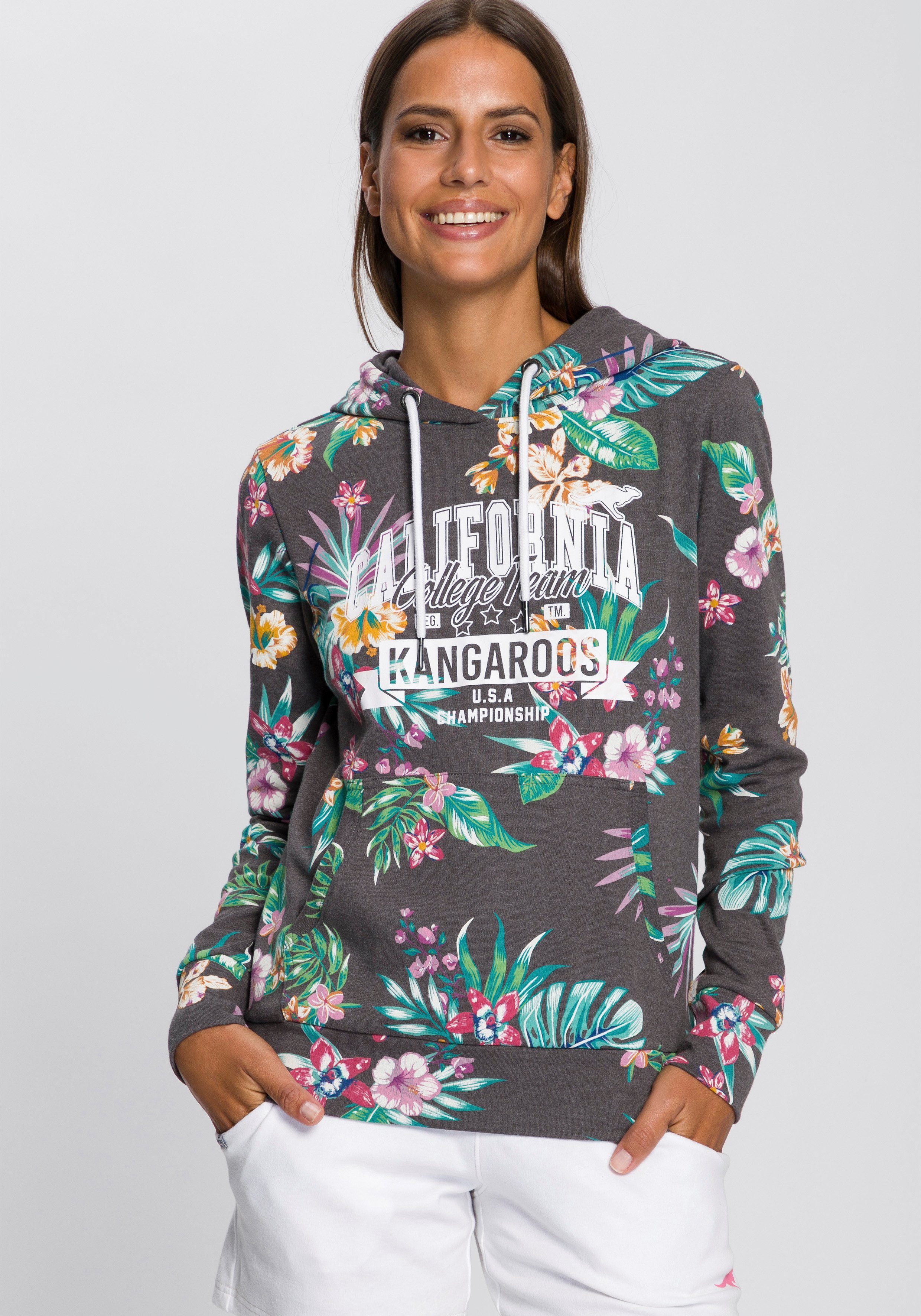 College-Look Floral-Alloverprint KangaROOS Logo-Print & im coolem Kapuzensweatshirt mit