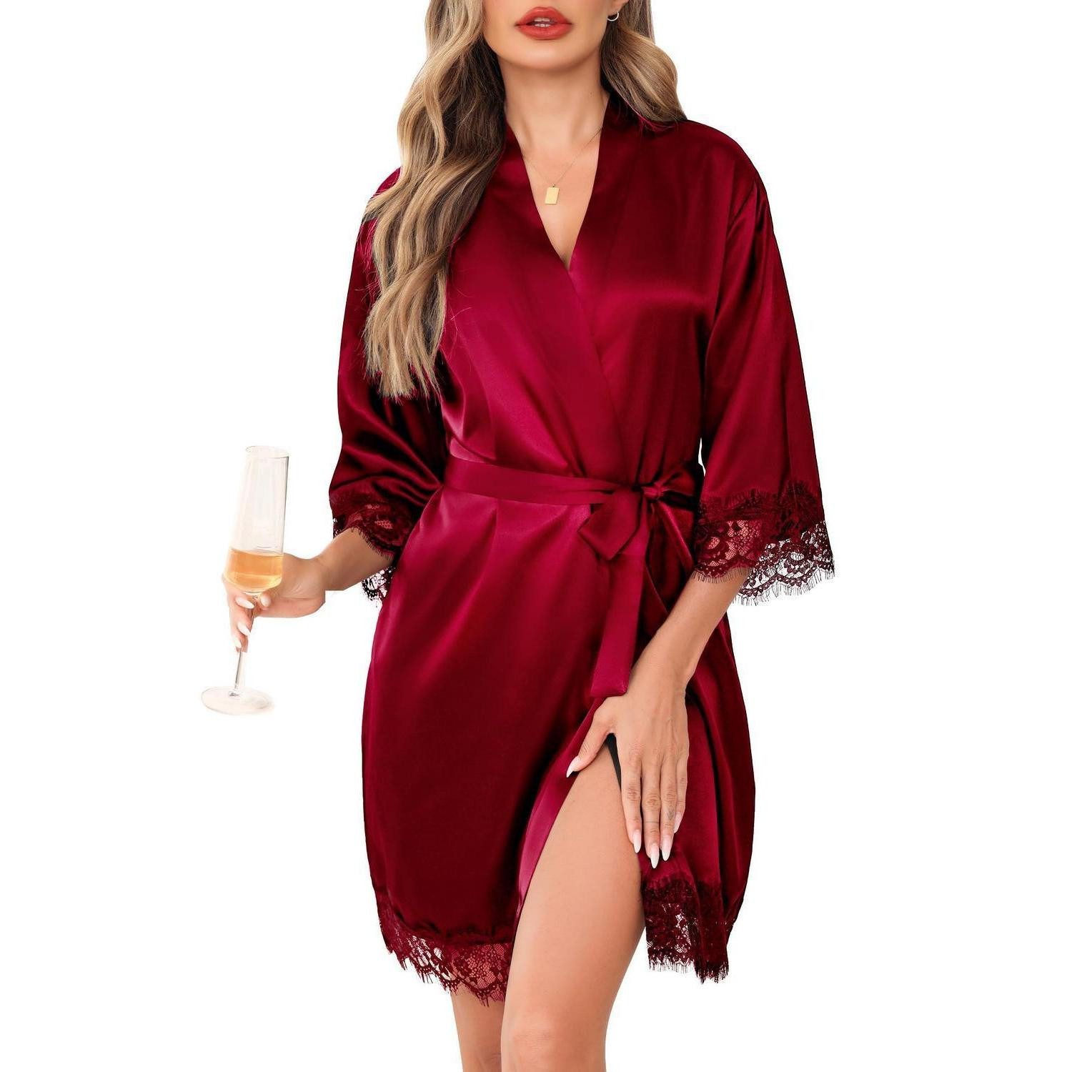 LuxusKollektion Kimono Bademantel Damen Satin Kurz Kimono Spitze Violett Rot, Textil, Kimono-Kragen