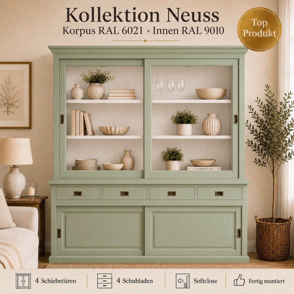 Wohnpalast Vitrine Vitrinen Schrank Neuss 180 cm blassgrün - Vitrine mit Schiebetüren