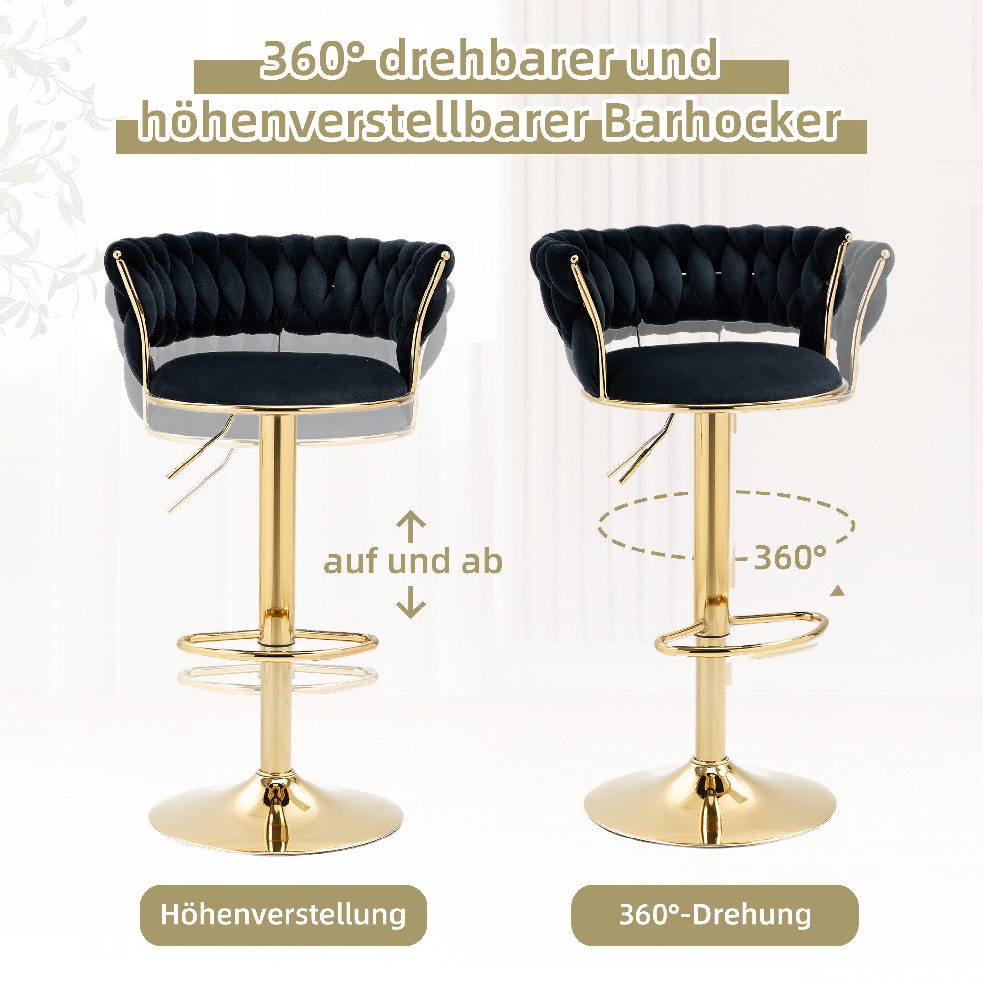 LVHOM Barhocker silber/goldene Stuhlbeine, Moderne Samt-Hochstuhl/Barstuhl (2/4 Stück, 2 St., mit runden Rückenlehne & Fußstütze), 360° drehbar, höhenverstellbar