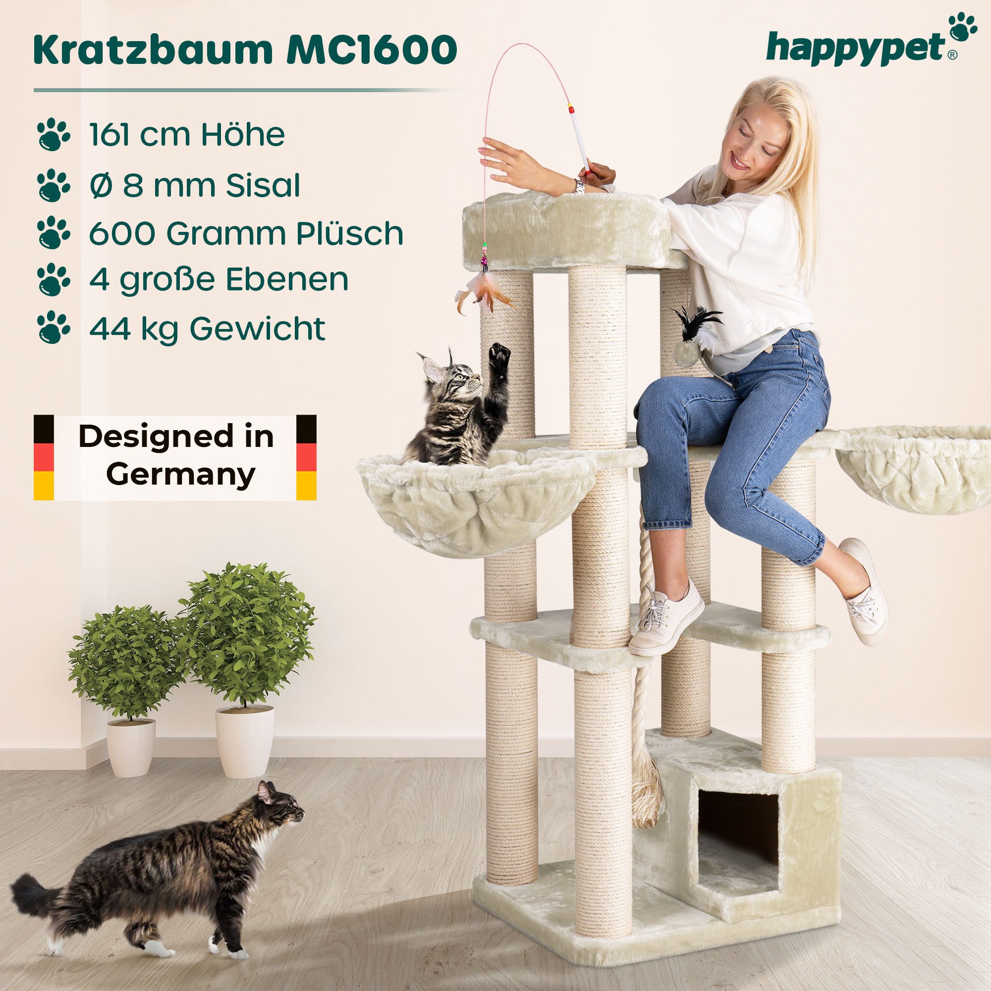 Happypet Kratzbaum OSCAR, 161 cm hoch, 12 cm Dicke Stämme für schwere Katzen, 600g Plüsch