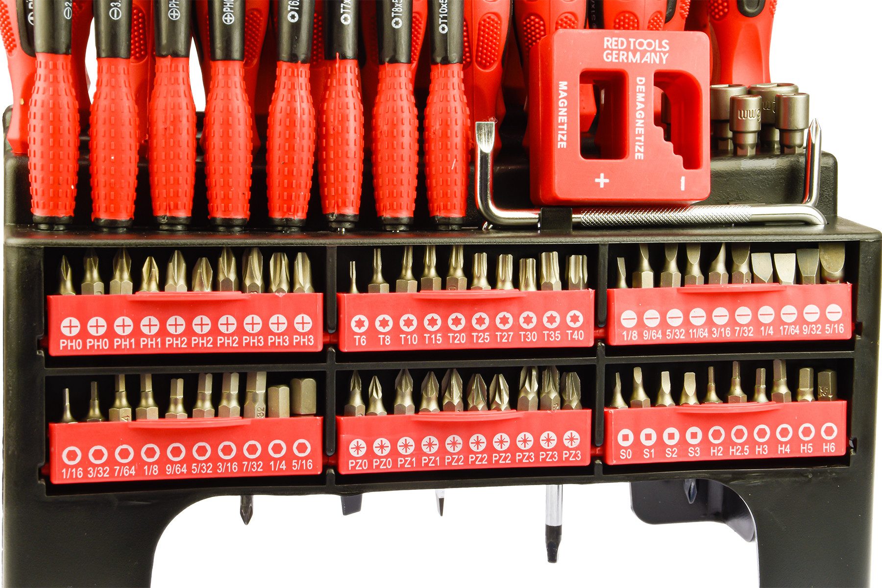 Red Tools Werkzeugset Schraubendreher- & Bit-Set inkl. Standregal / Hängeregal 101 teilig, (Set, 101-tlg., Schraubendreher Set XXL), 101-teiliges Schraubendreher- und Bit-Set XXL