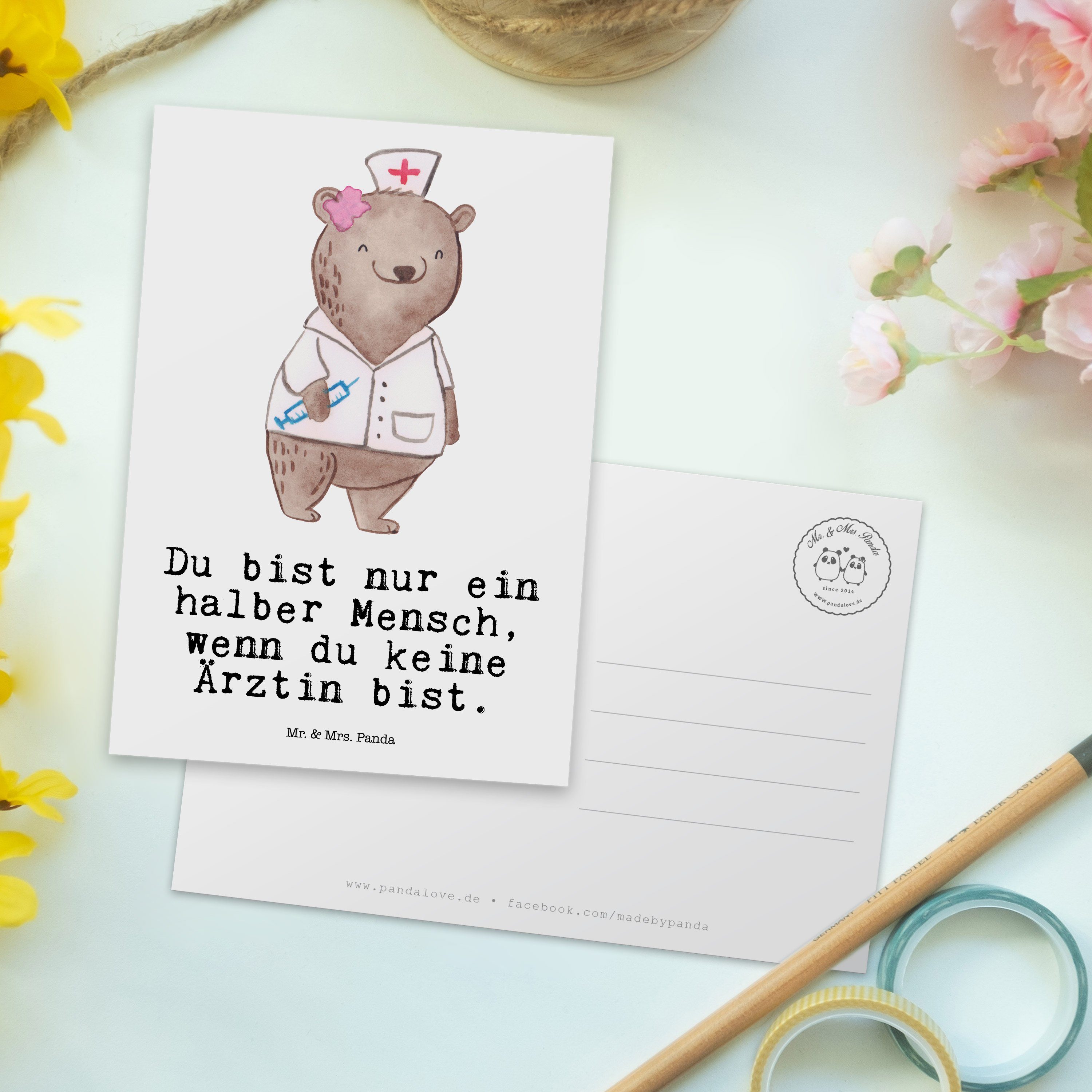 Panda Mrs. mit Ärztin Mr. & Postkarte Weiß Geschenk, - Herz Einladungskarte, Kollegin, Geschen -