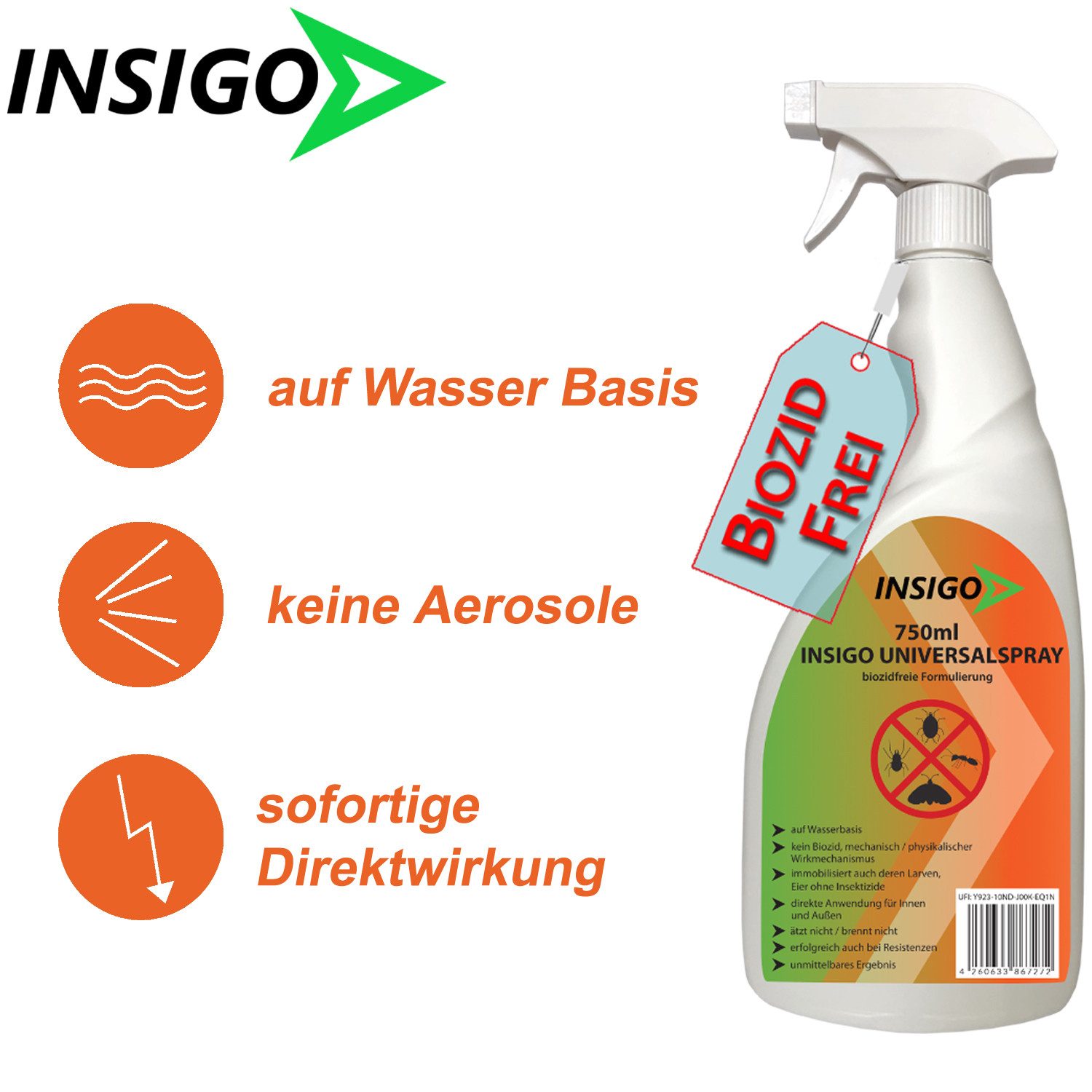 INSIGO Insektenspray Universalspray, Insektenspray, 0,5 l, biozidfreie Formel, auf Wasserbasis, geruchsarm, brennt / ätzt nicht
