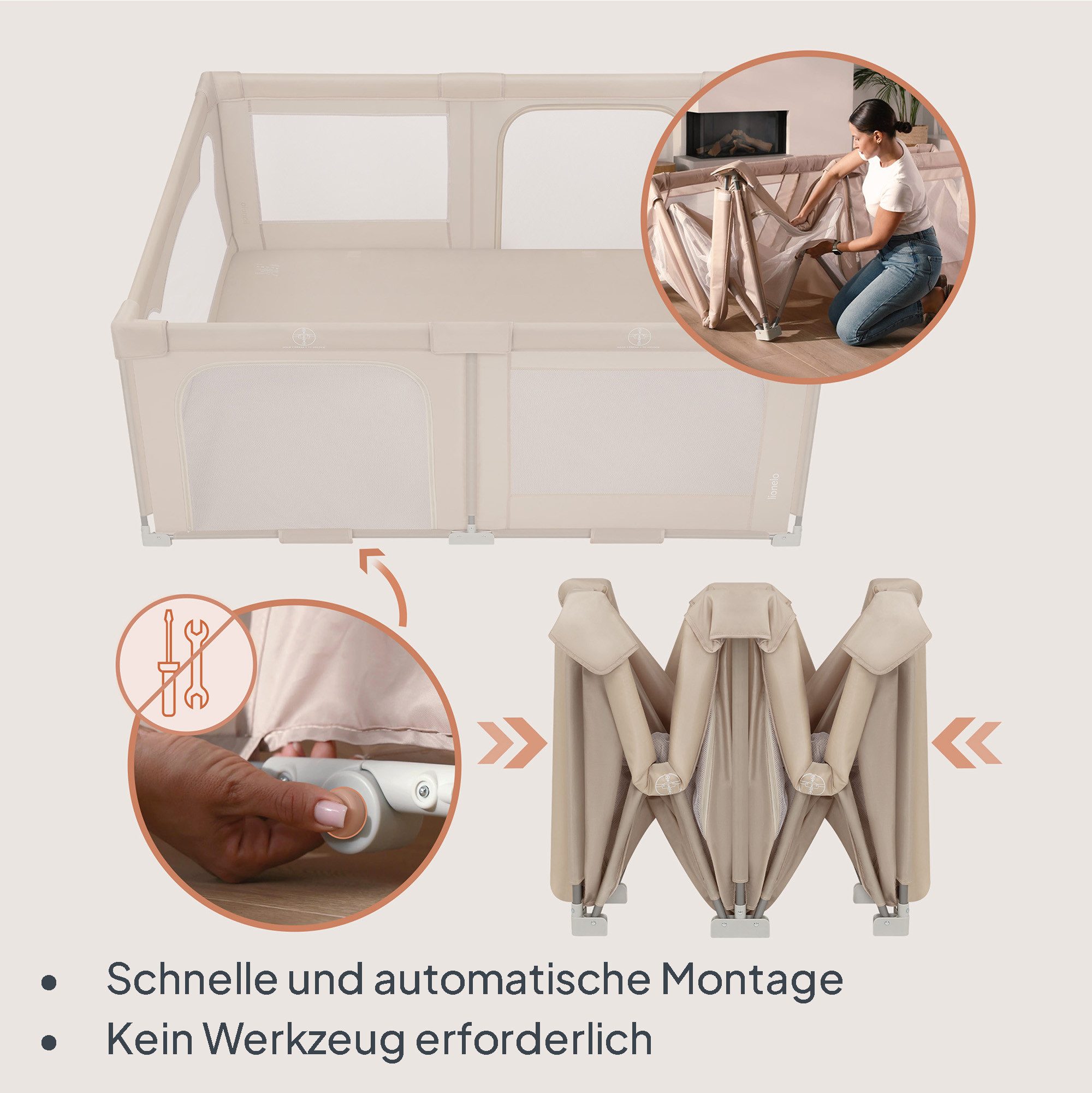 lionelo Laufgitter FLORENCE EASY FOLD (Set: Laufgitter + Tragetasche), Easy Fold/150x180 cm/Netz/2 Eingänge/Tasche/klappbar – Bild 4 von 5