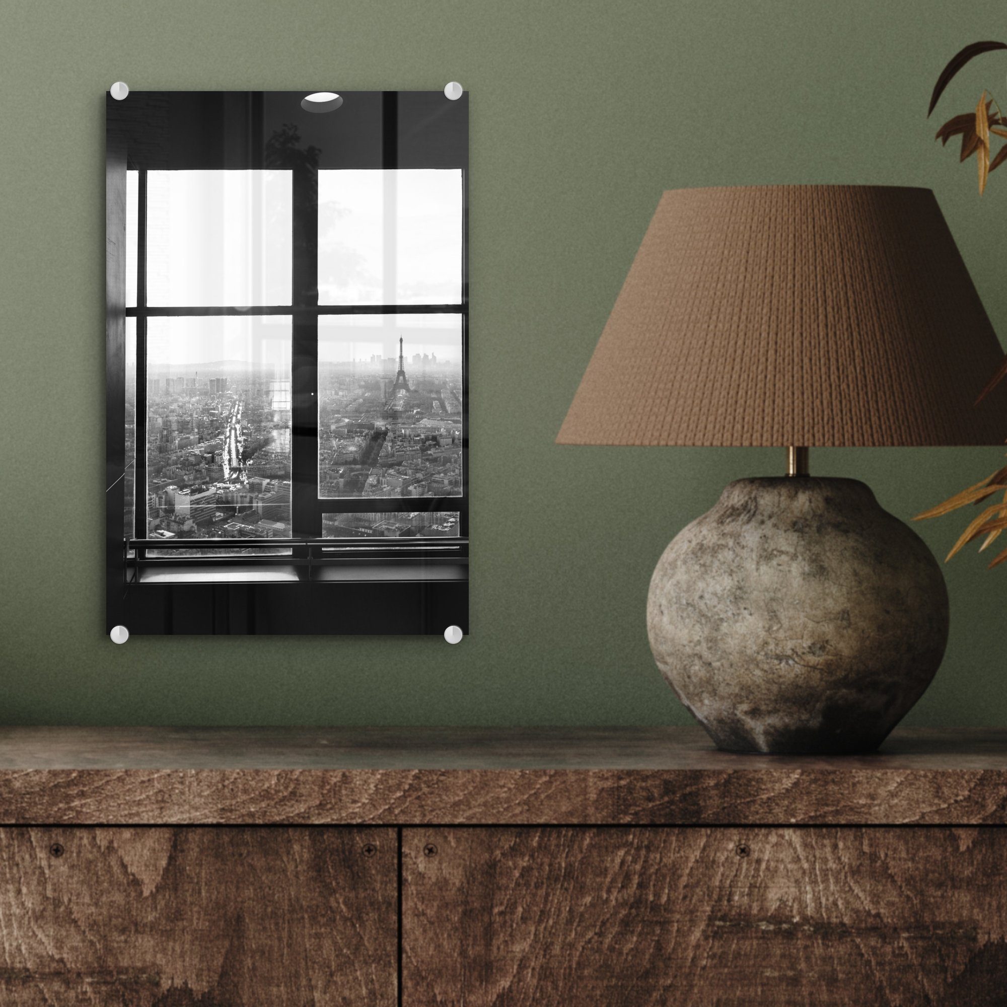 auf Foto und Eiffelturm St), - - Blick auf Glas Acrylglasbild (1 schwarz-weiß, Wandbild Paris Wanddekoration MuchoWow - den Bilder Glas Glasbilder - auf
