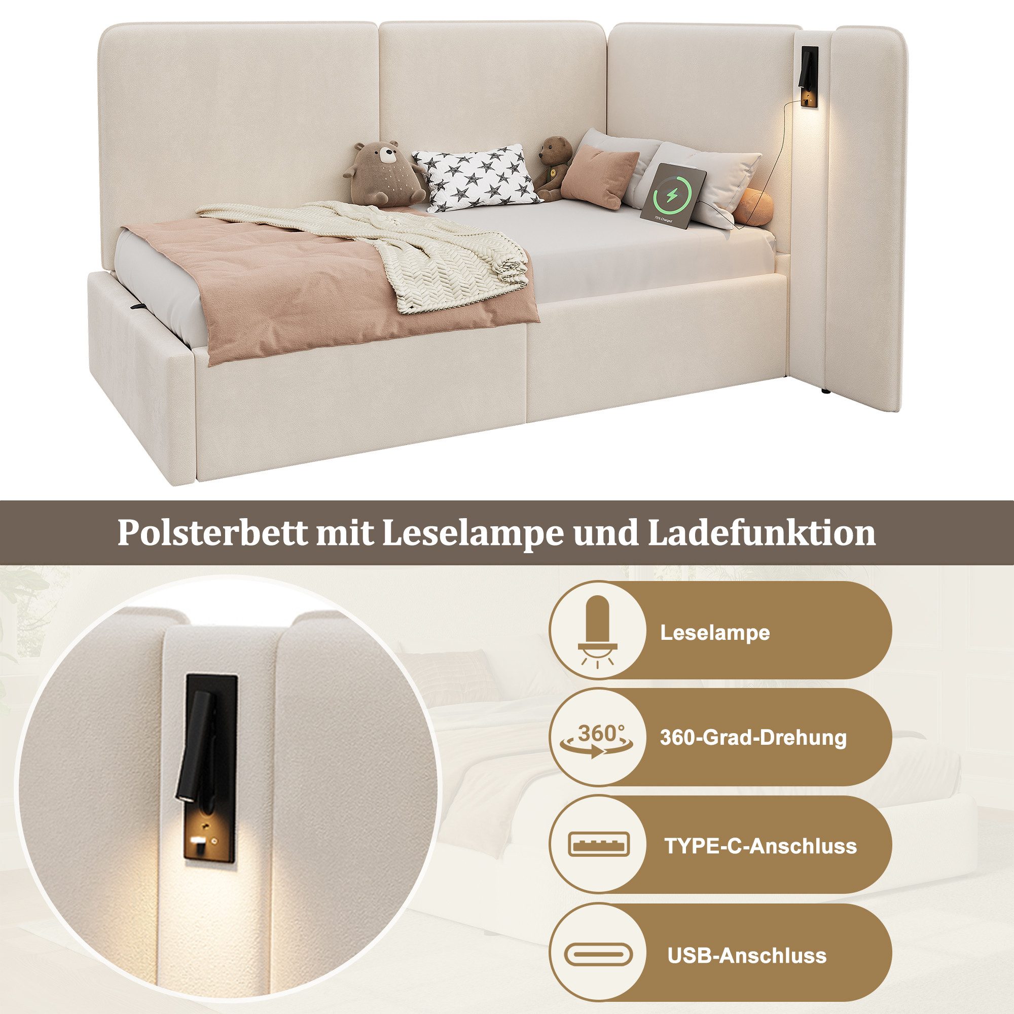 REDOM Polsterbett 90x200 cm mit USB- und Type-C-Anschlüssen (Packung, 1-tlg., Hydraulik-Stauraum, Leselampe inklusive, als Tagesbett), Ideal als Sofabett & Gästebett mit Komfort(ohne Matratze)