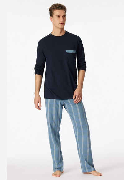 Schiesser Pyjama "Comfort Nightwear" (2 tlg) Langarmshirt mit V-Ausschnitt und aufgesetzter Brusttasche