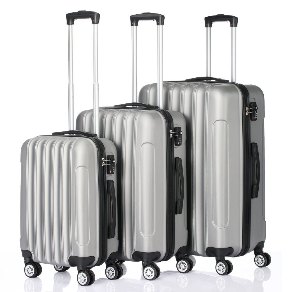 VINGLI Trolleyset 3 in 1 tragbarer ABS Trolley Koffer, Reisekoffer, Silbergrau, 4 Rollen, mit viel Stauraum