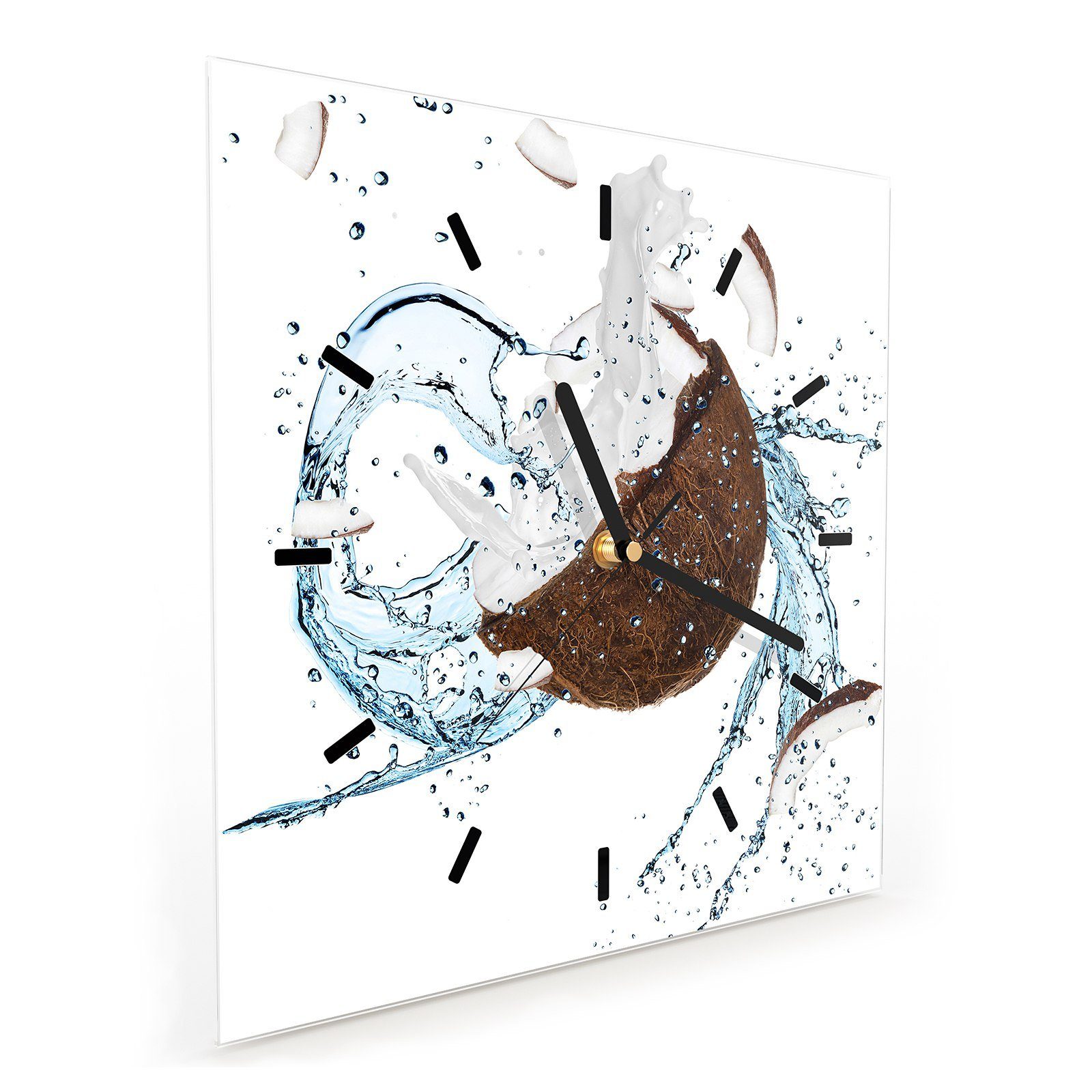Motiv Wandkunst 30 30 Wassersplash auf Größe Kokosnuss cm Glasuhr mit x Primedeco Wanduhr Wanduhr