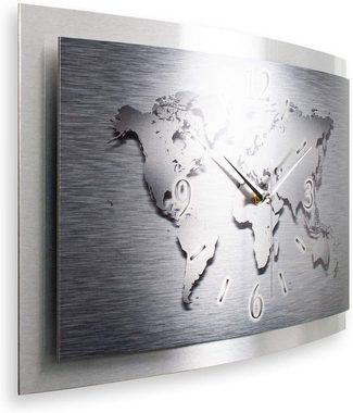 Kreative Feder Wanduhr 3D Designer-Wanduhr „Weltkarte“ aus gebürstetem Aluminium (3D-Wölbung; einzigartiges Zwei-Platten-Design; flüsterleises Uhrwerk)