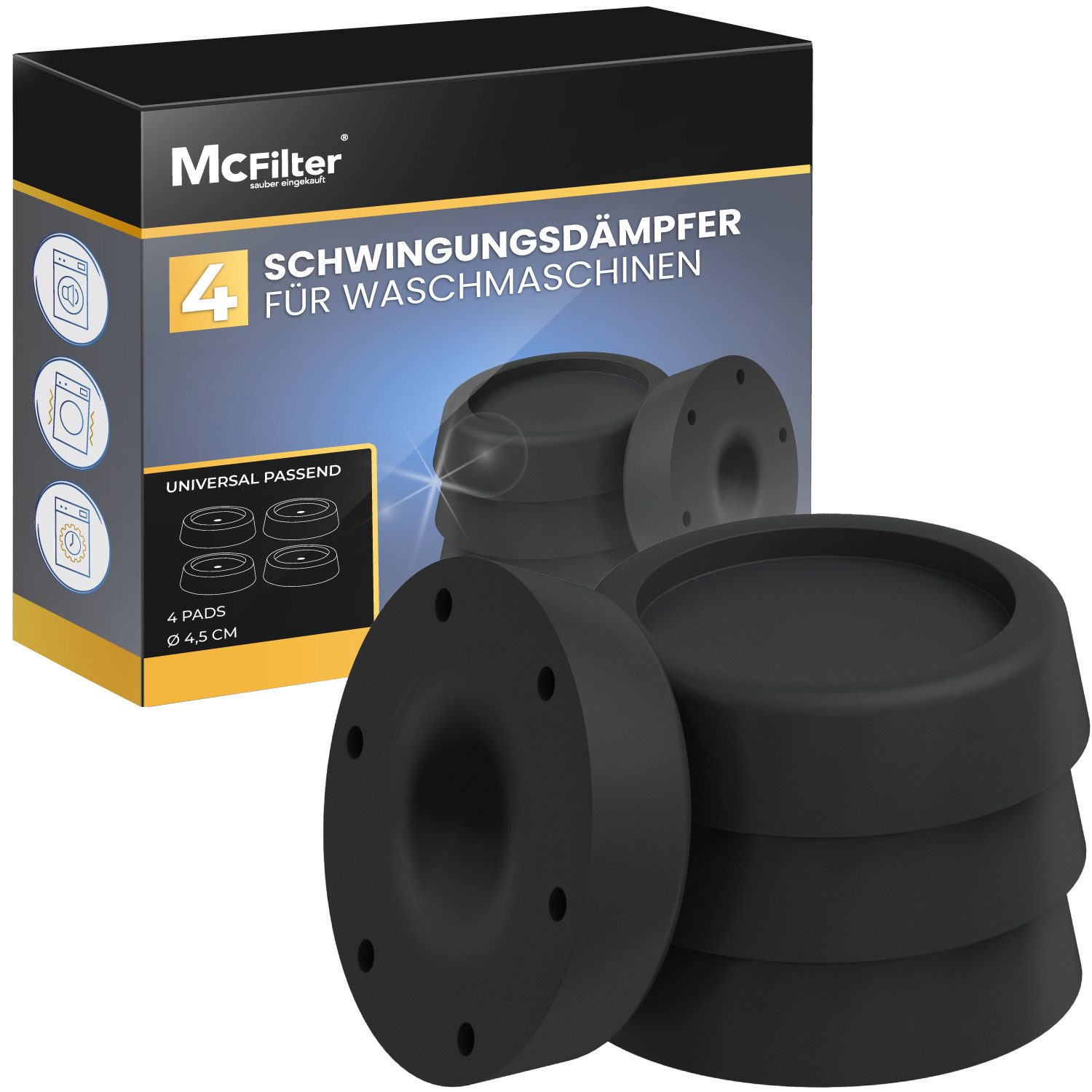 McFilter Vibrationsdämpfer 4 Schwingungsdämpfer für Waschmaschinen und Trockner, (Universal Vibrationsdämpfer kompatibel mit Bosch, Siemens, AEG, 4-St), Rutschfeste Gummipads, Gummifüße, Waschmaschinenunterlage - schwarz