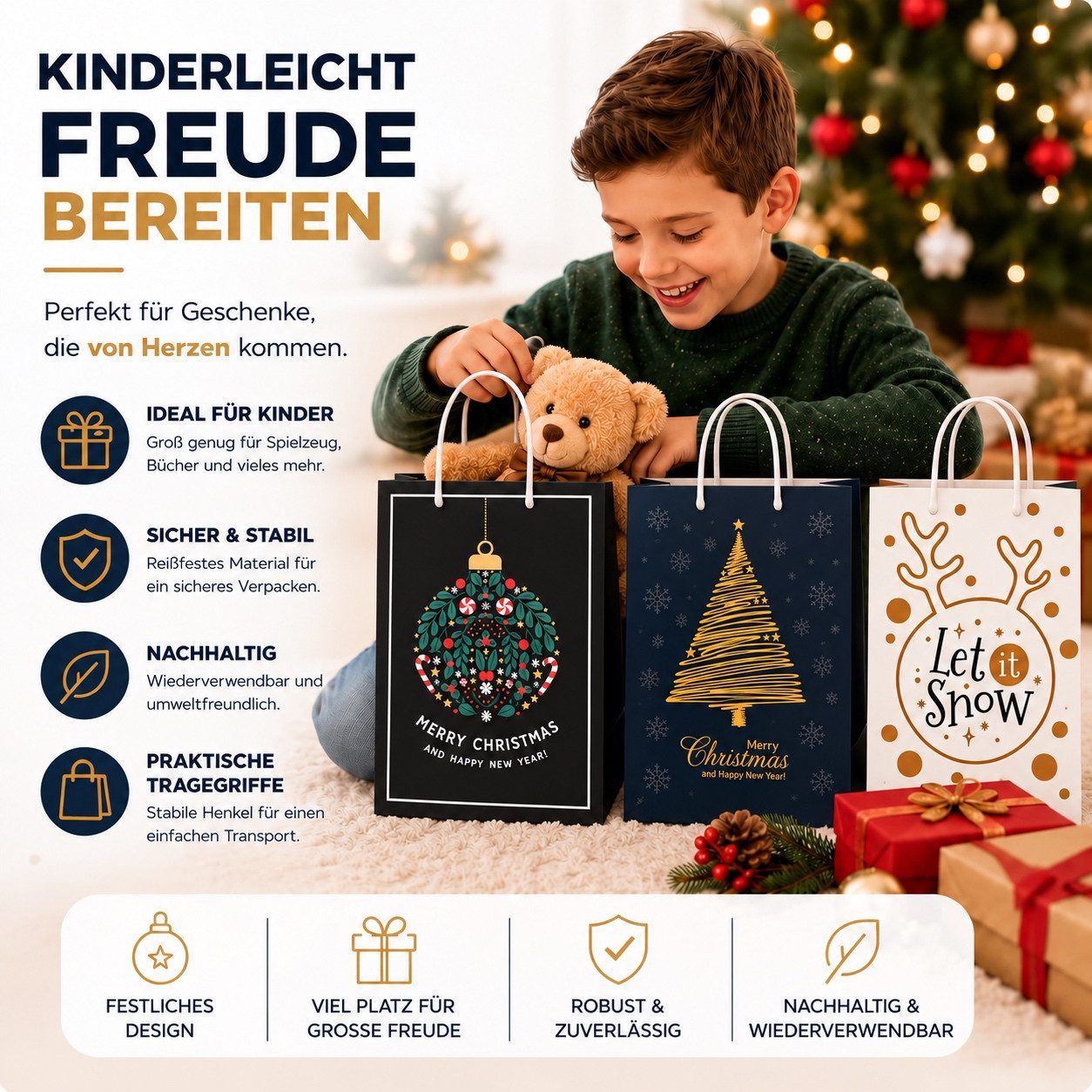 TK Gruppe Aufbewahrungsbox 12 Weihnachts-Geschenktüten aus Papier, 17 × 23 cm, 4 Motive (Packung, 12x Weihnachtstaschen), Mit Geschenkanhänger – Bild 4 von 5
