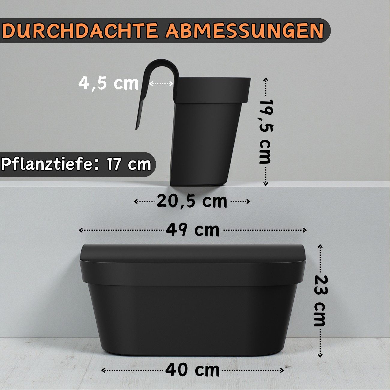 Engelland Balkonkasten Blumenkasten mit Wasserspeicher & Drainagesystem (Vorteils-Set, 3 St., Robust & Bruchfest), Blumentopf für Balkongeländer & Gartenzäune,  – Bild 3 von 5