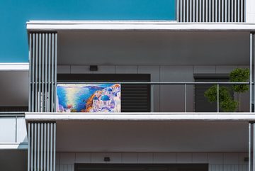 MuchoWow Balkonsichtschutz Malerei - Griechenland - Wasser - Öl (1-St) Balkonbanner, Sichtschutz für den Balkon, Robustes und wetterfest