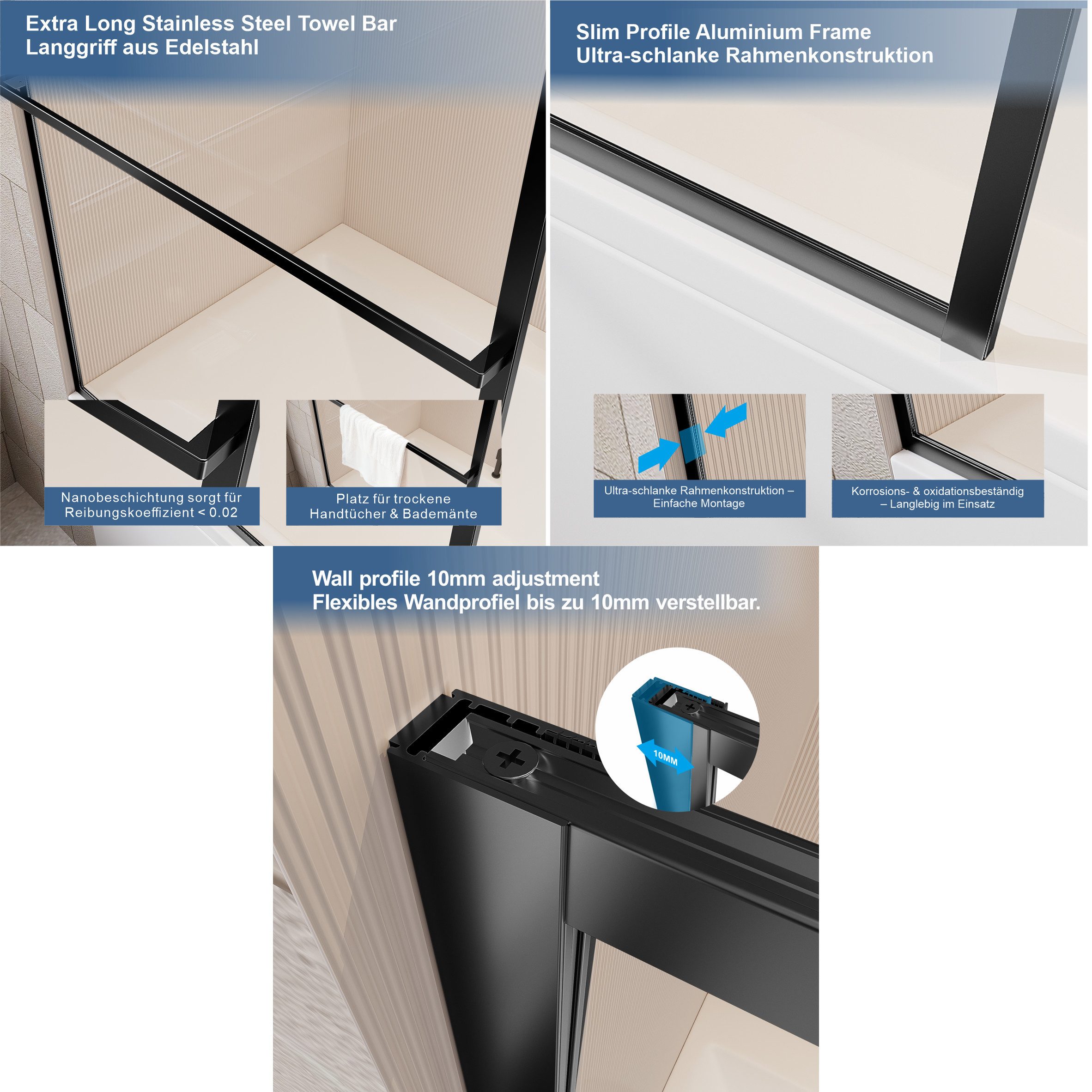 welltime Badewannenaufsatz Block, Einscheibensicherheitsglas, (1 tlg), 6mm ESG und Antikalkversiegelung,extra schlanker Rahmen